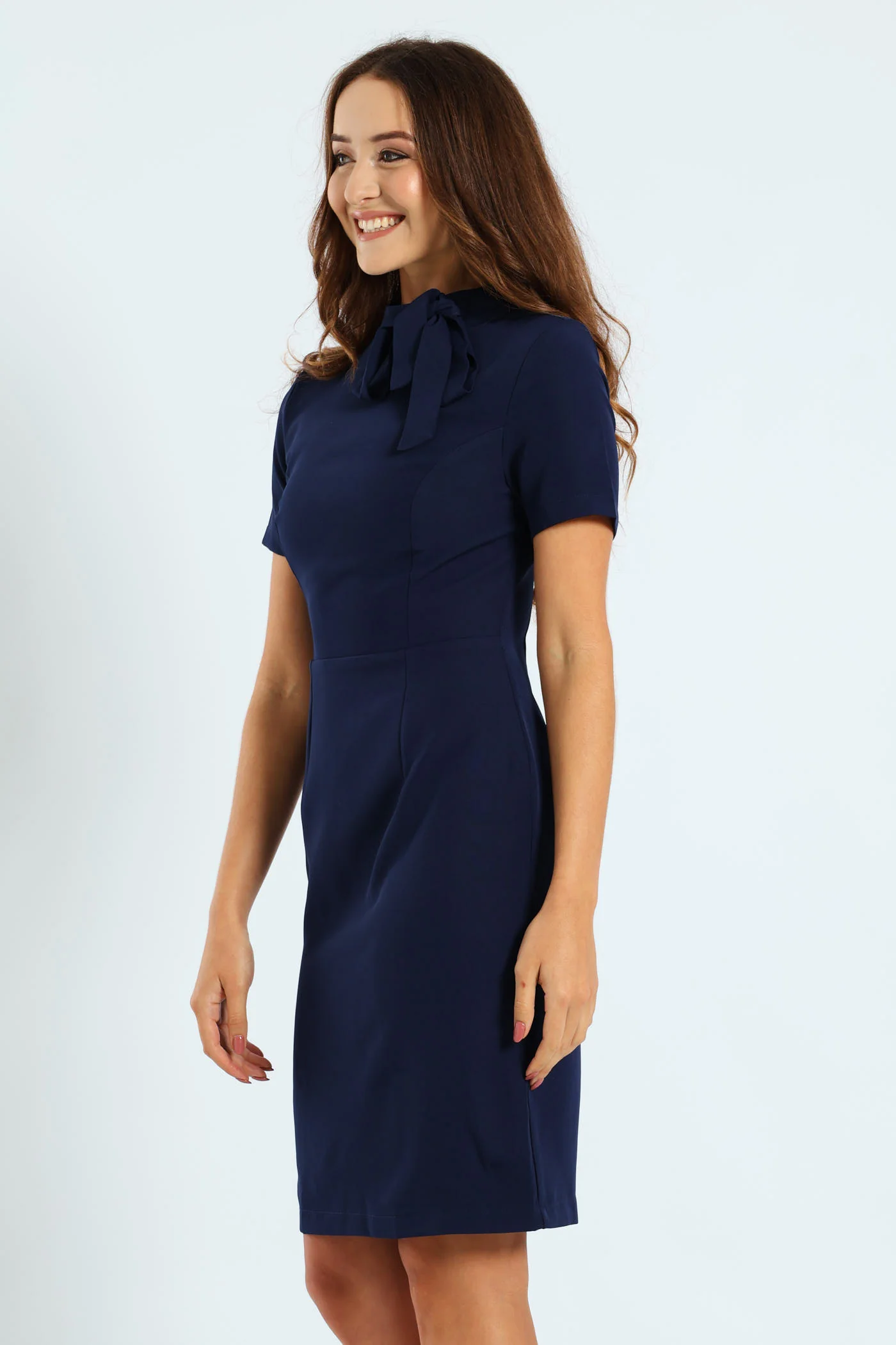 Kitty Bow Pencil Dress - Navy - Image 4