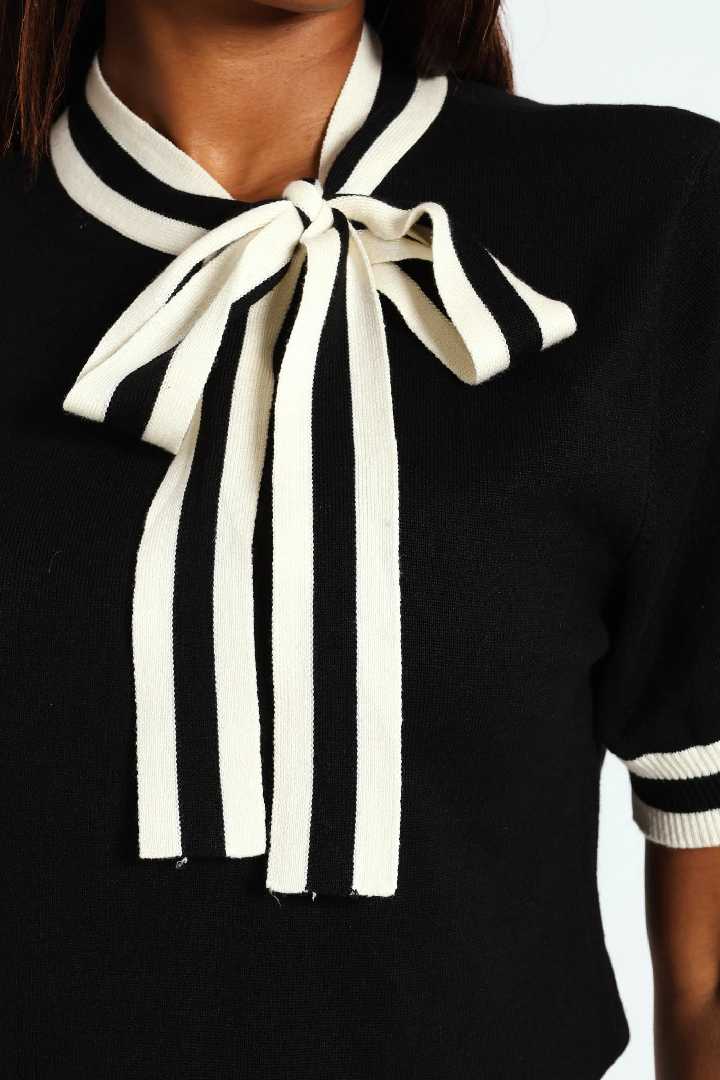 Kitty Bow Pullover Tee - Black/Cream - Image 2