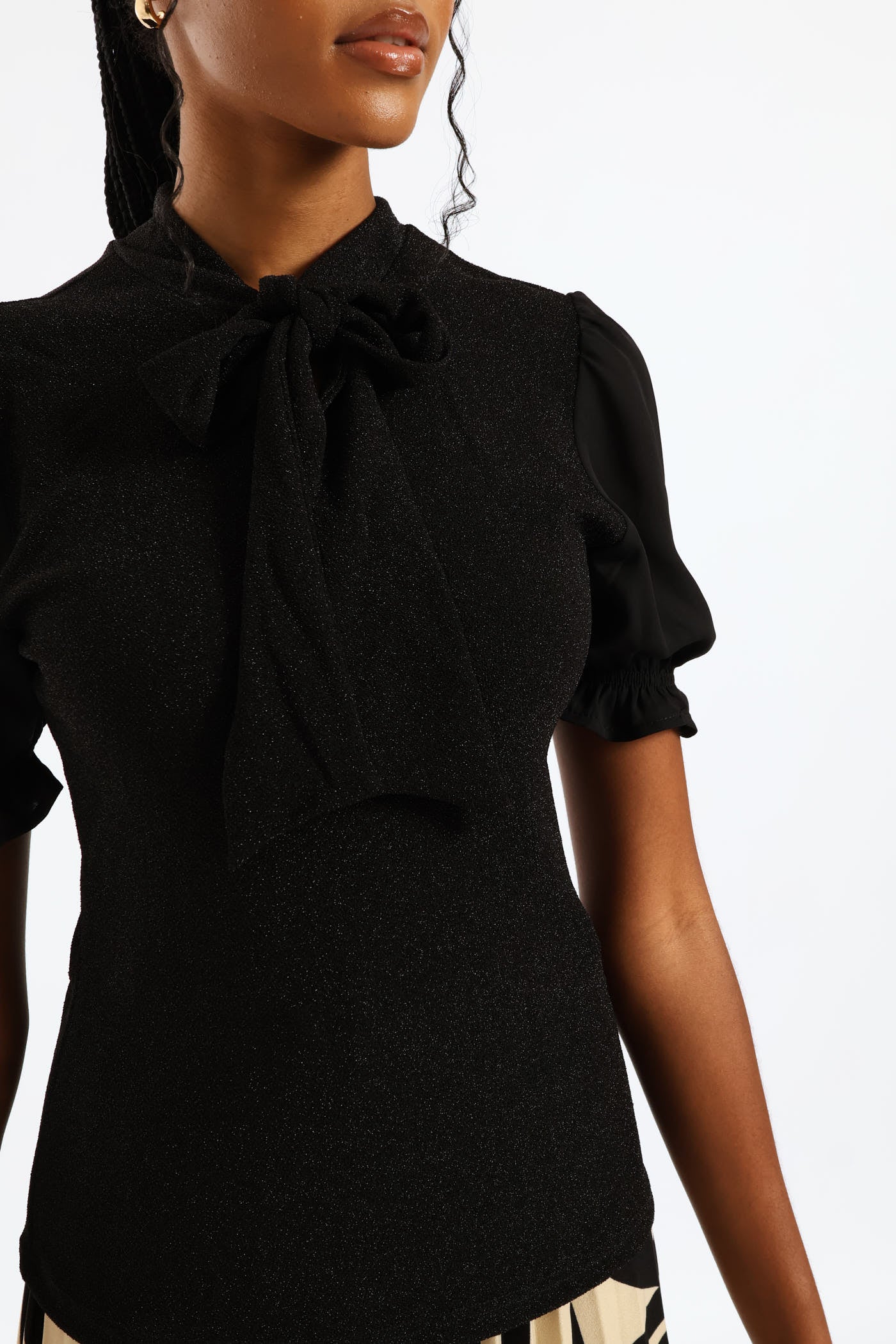 Kitty Bow Shimmer Combo Blouse - Black - Image 2