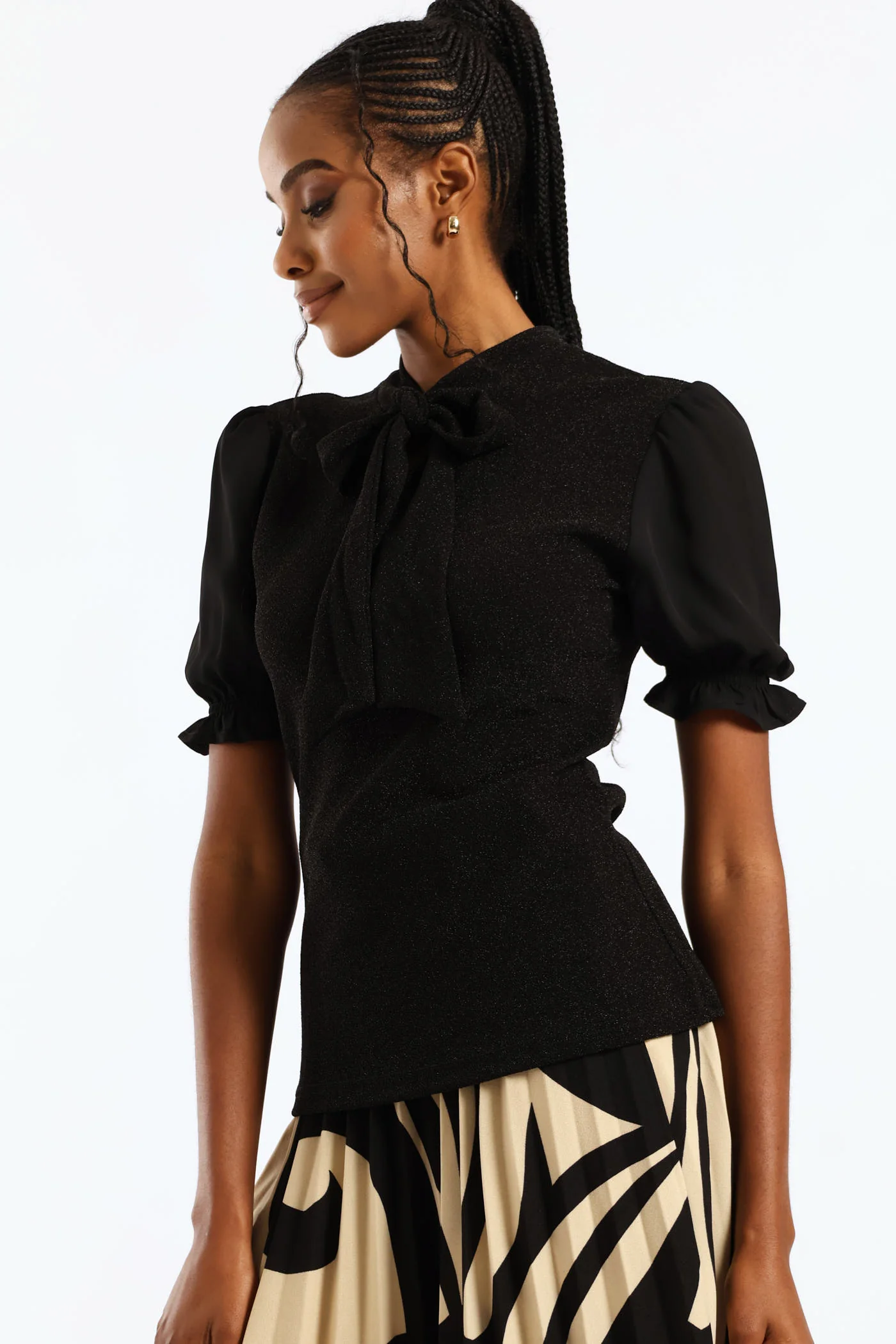 Kitty Bow Shimmer Combo Blouse - Black - Image 3