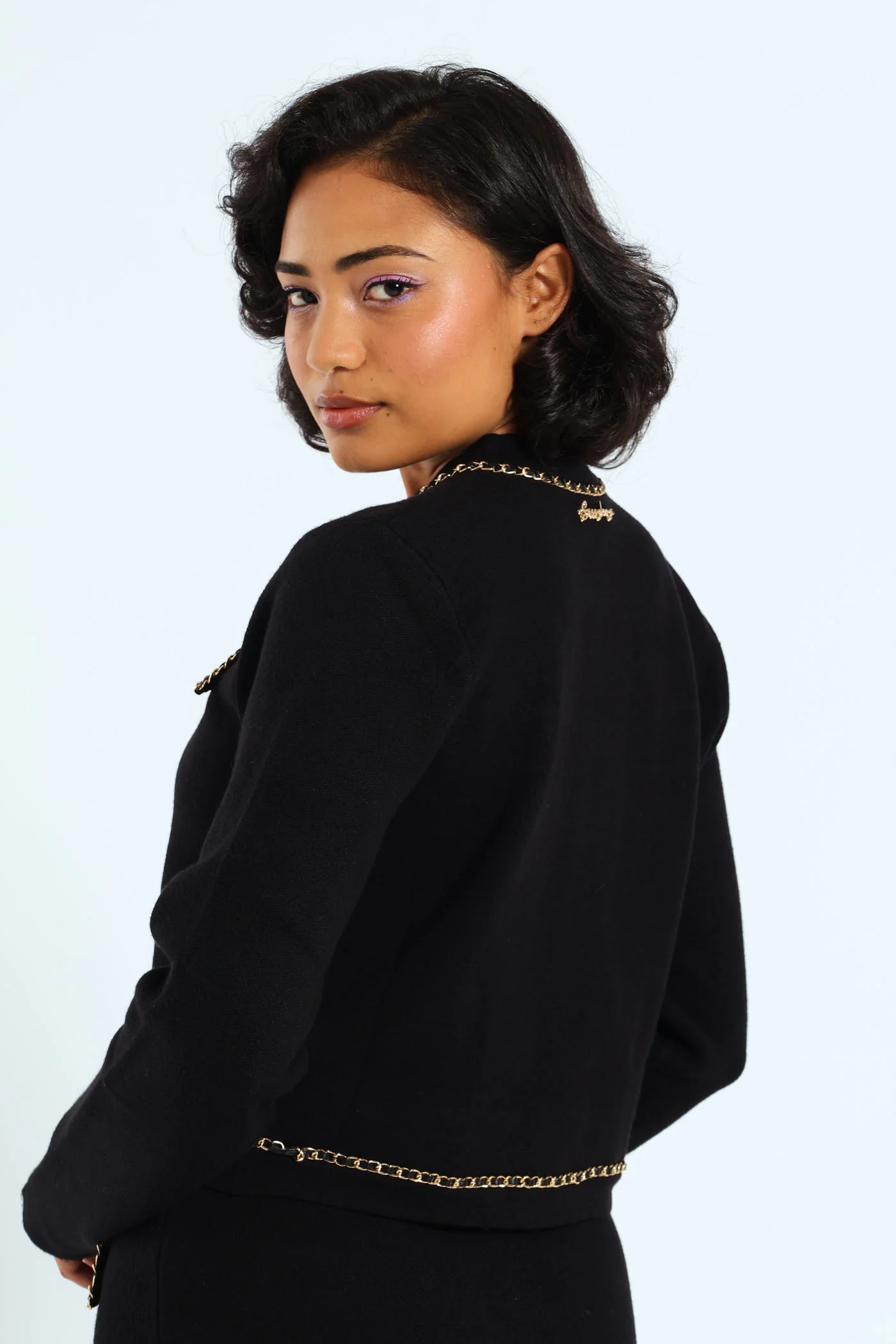 Knit Cardigan With Woven Chain Details - Black - Image 3