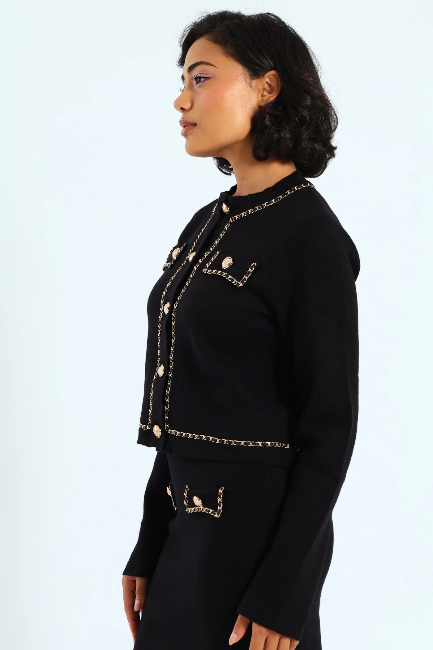 Knit Cardigan With Woven Chain Details - Black - Image 4