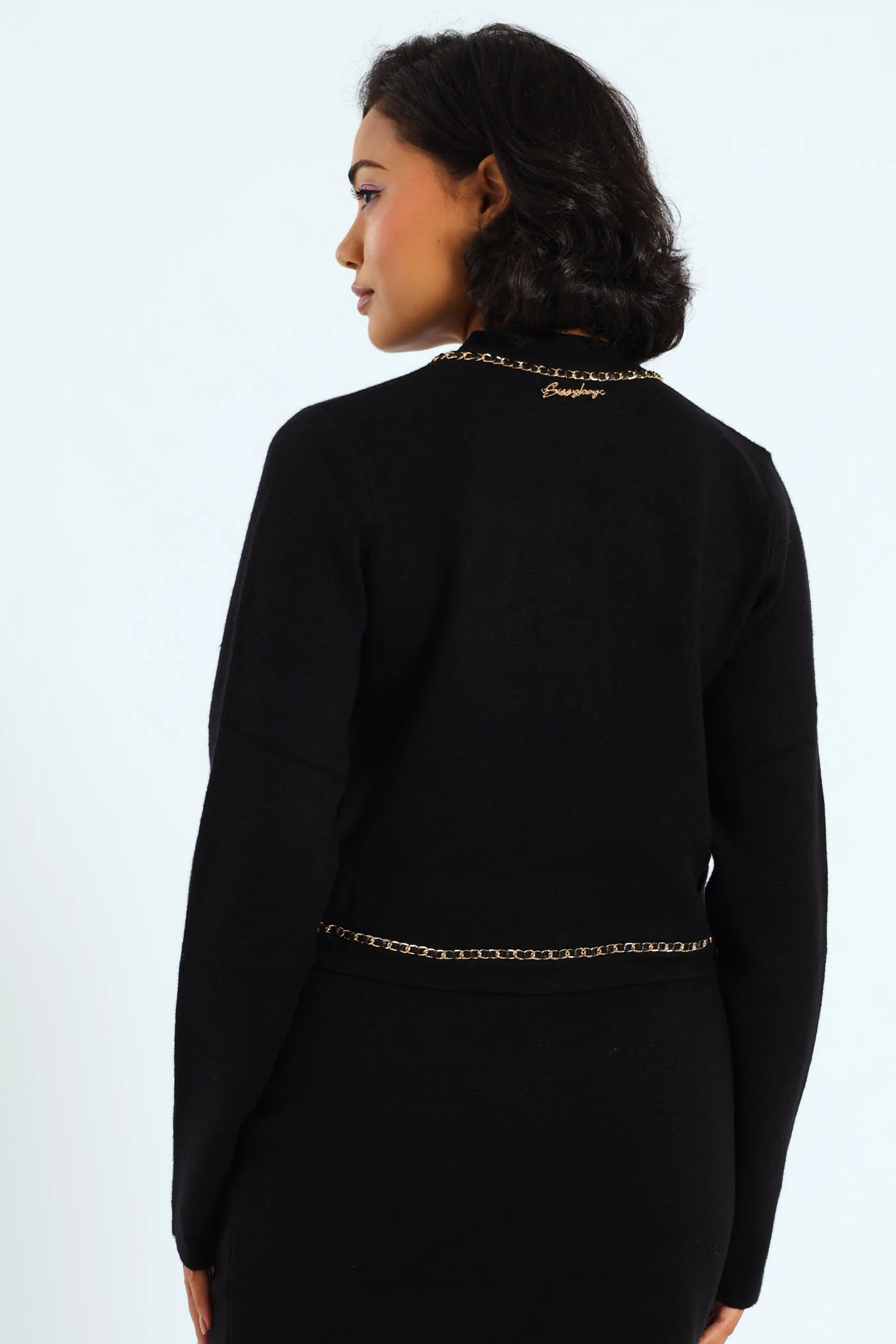 Knit Cardigan With Woven Chain Details - Black - Image 7