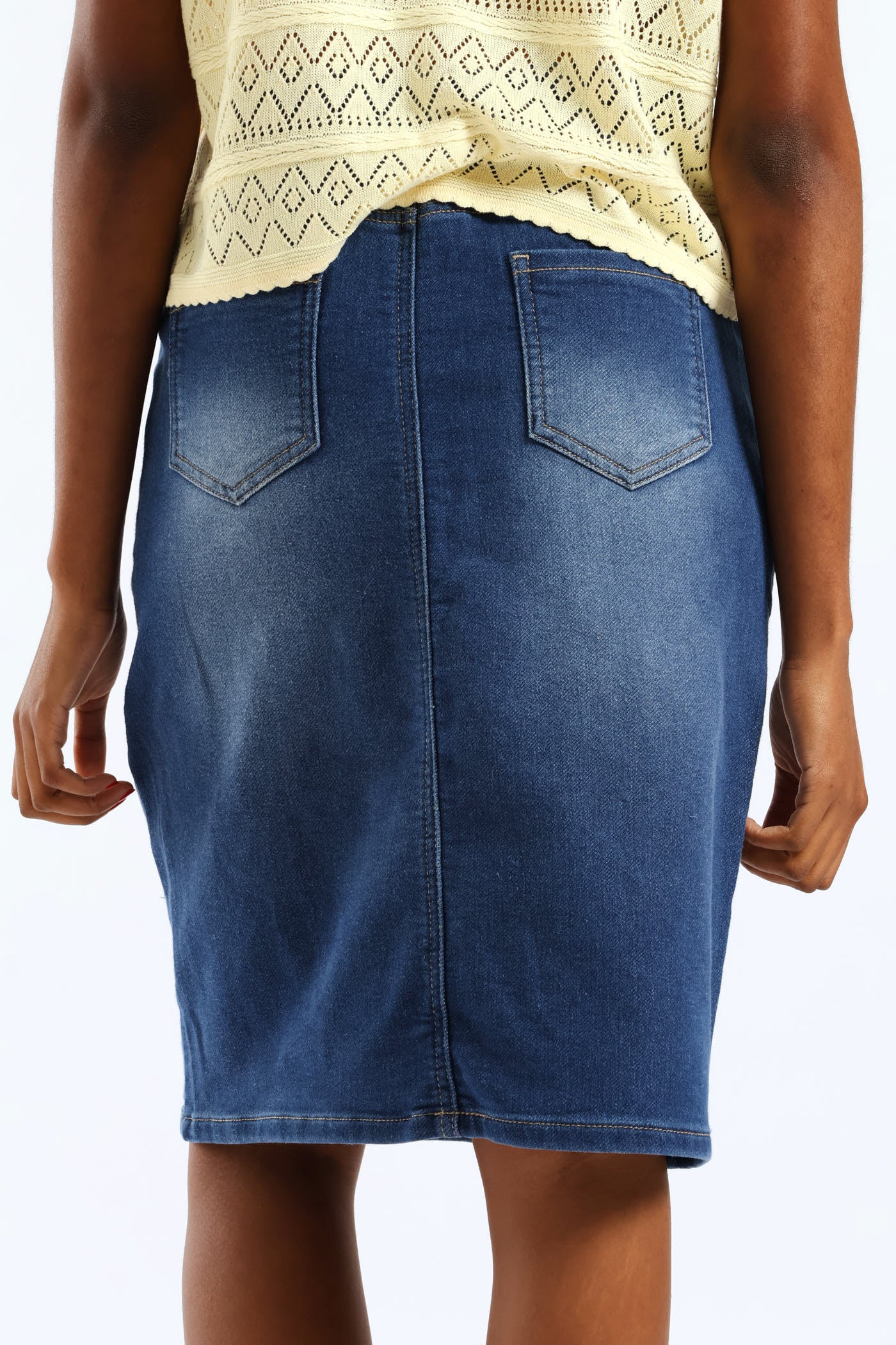 Knit Denim Pencil Skirt - Med Wash - Image 3
