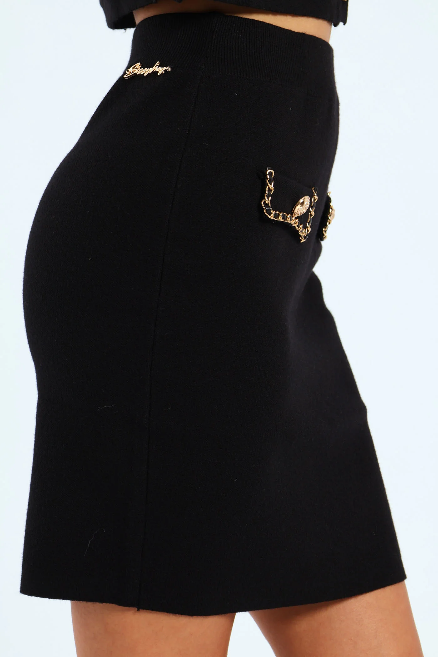 Knit Skirt With Woven Chain Details - Black - Image 3