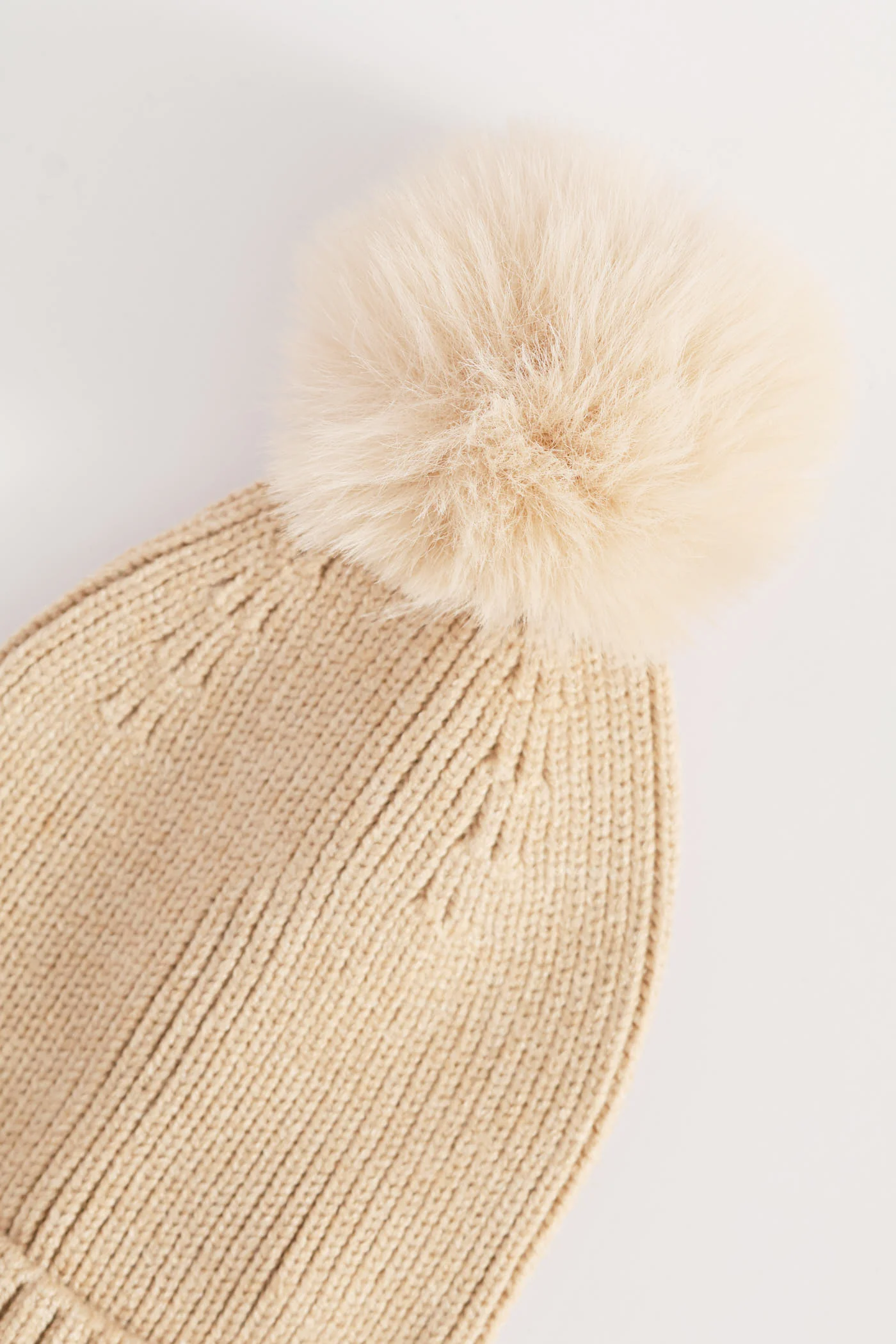 Knitted Pom Pom Beanie - Oatmeal - Image 3