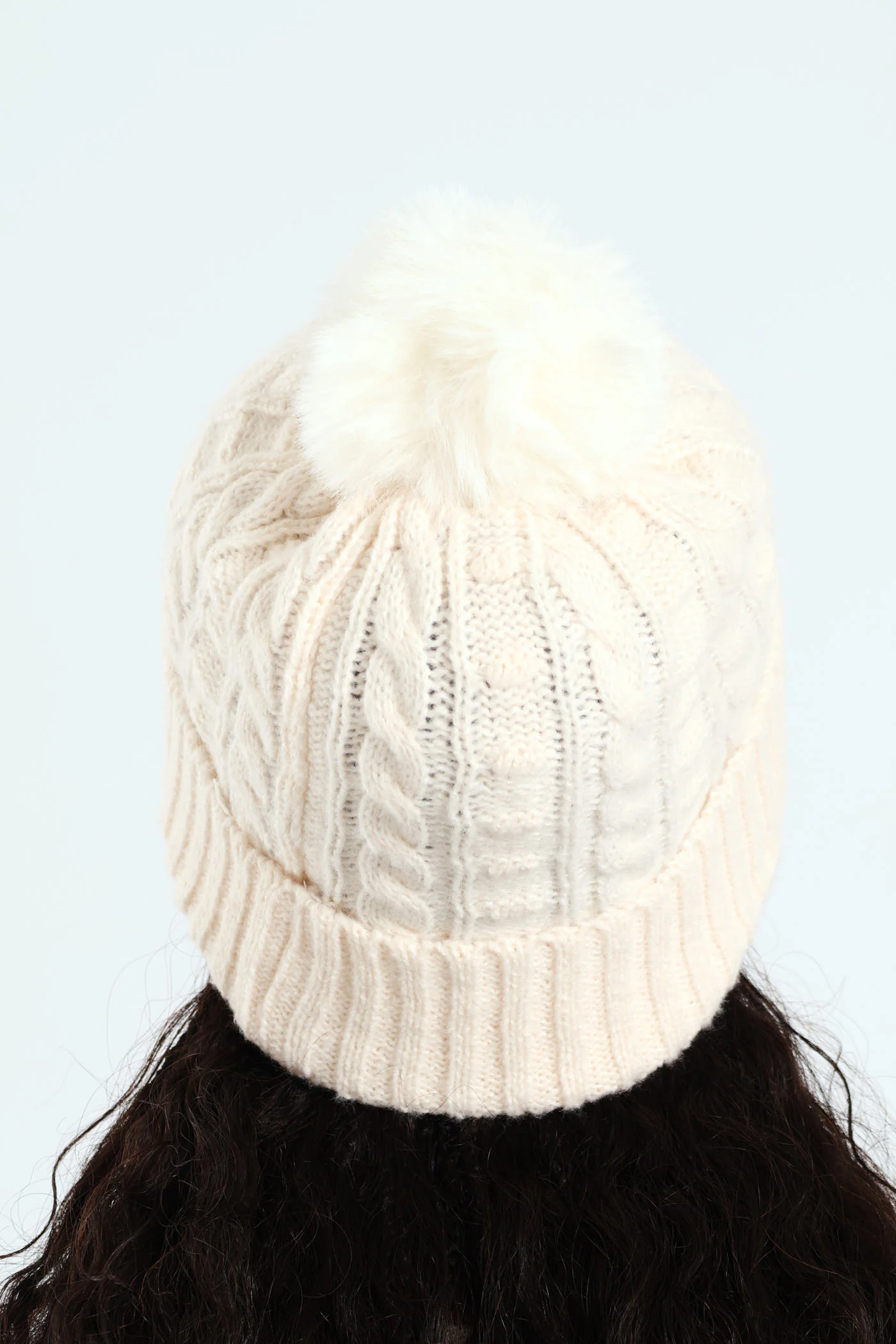 Knitted Turn Up Pom Pom Beanie - Cream - Image 3