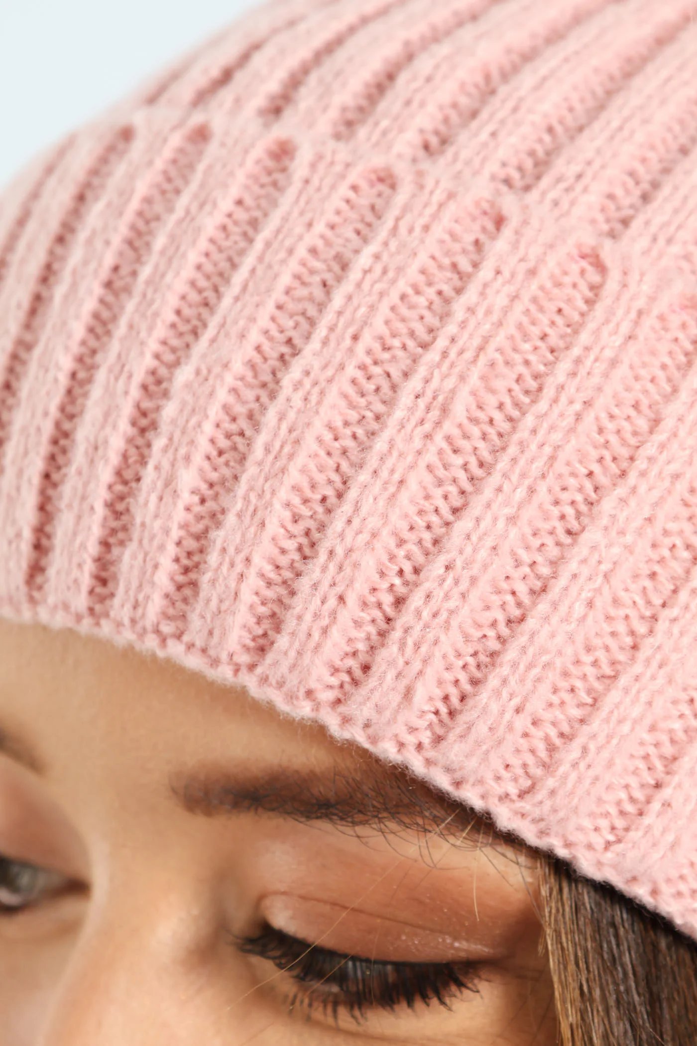 Knitted Turn Up Pom Pom Beanie - Dusty Pink - Image 2