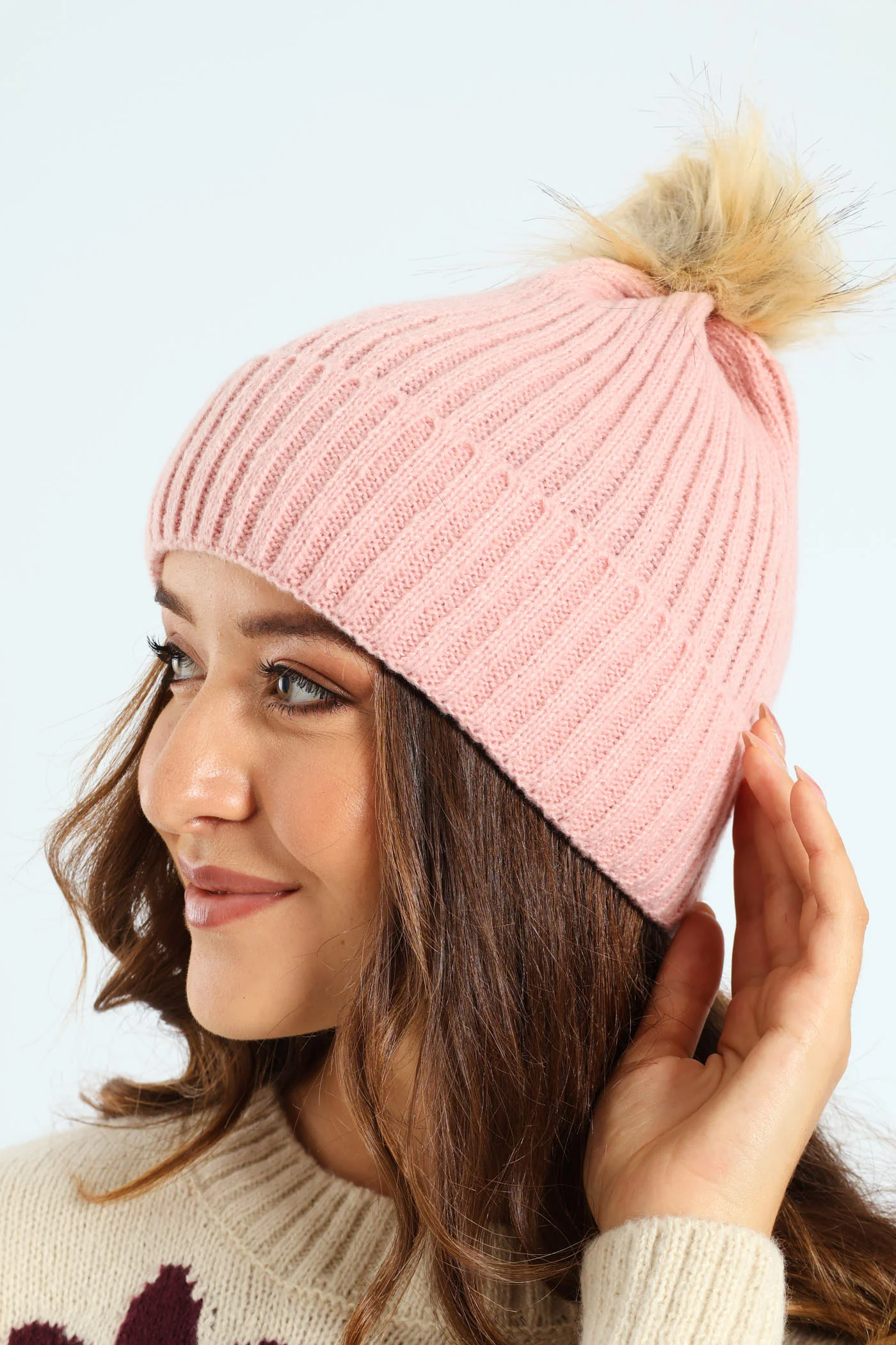 Knitted Turn Up Pom Pom Beanie - Dusty Pink - Image 3