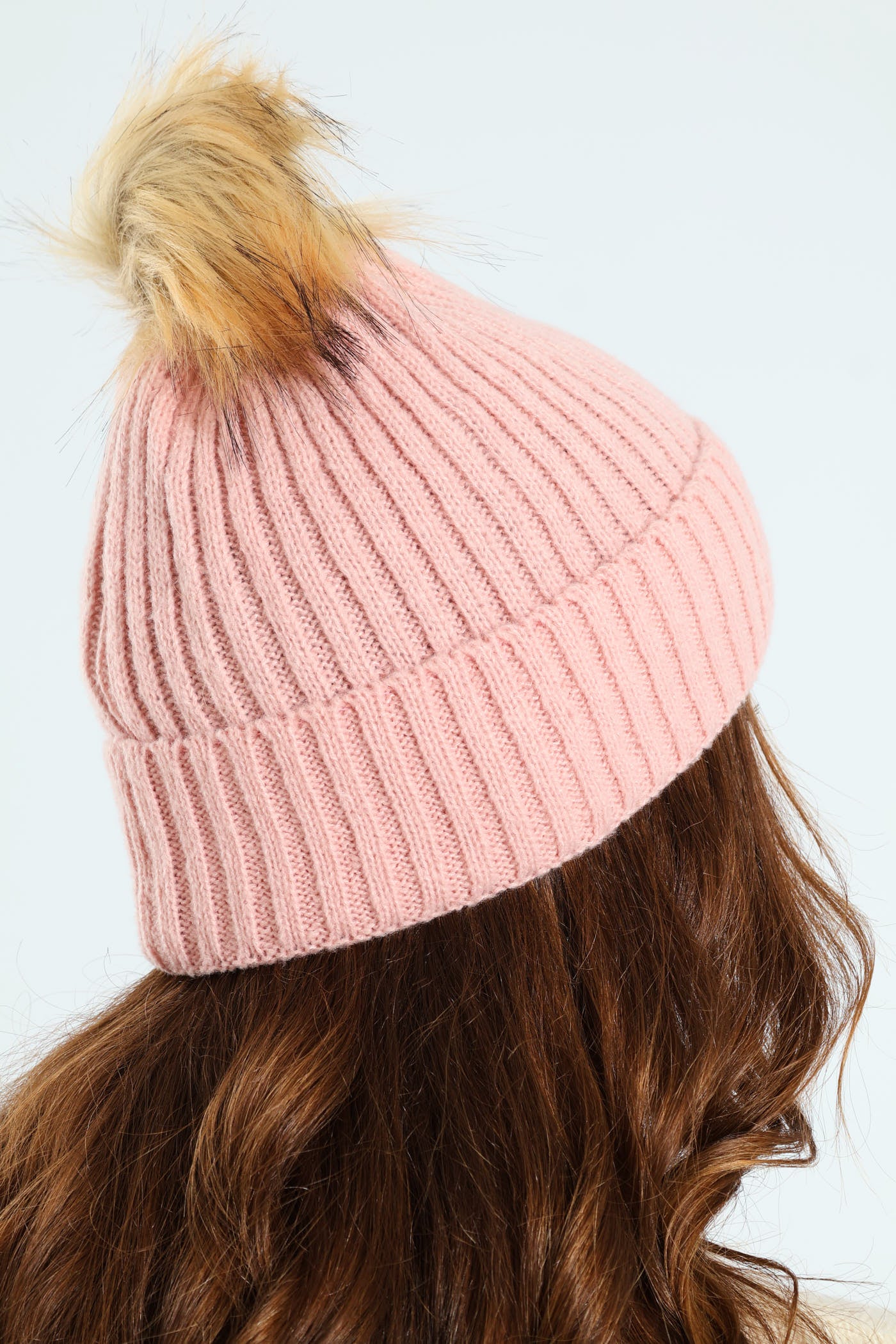 Knitted Turn Up Pom Pom Beanie - Dusty Pink - Image 4