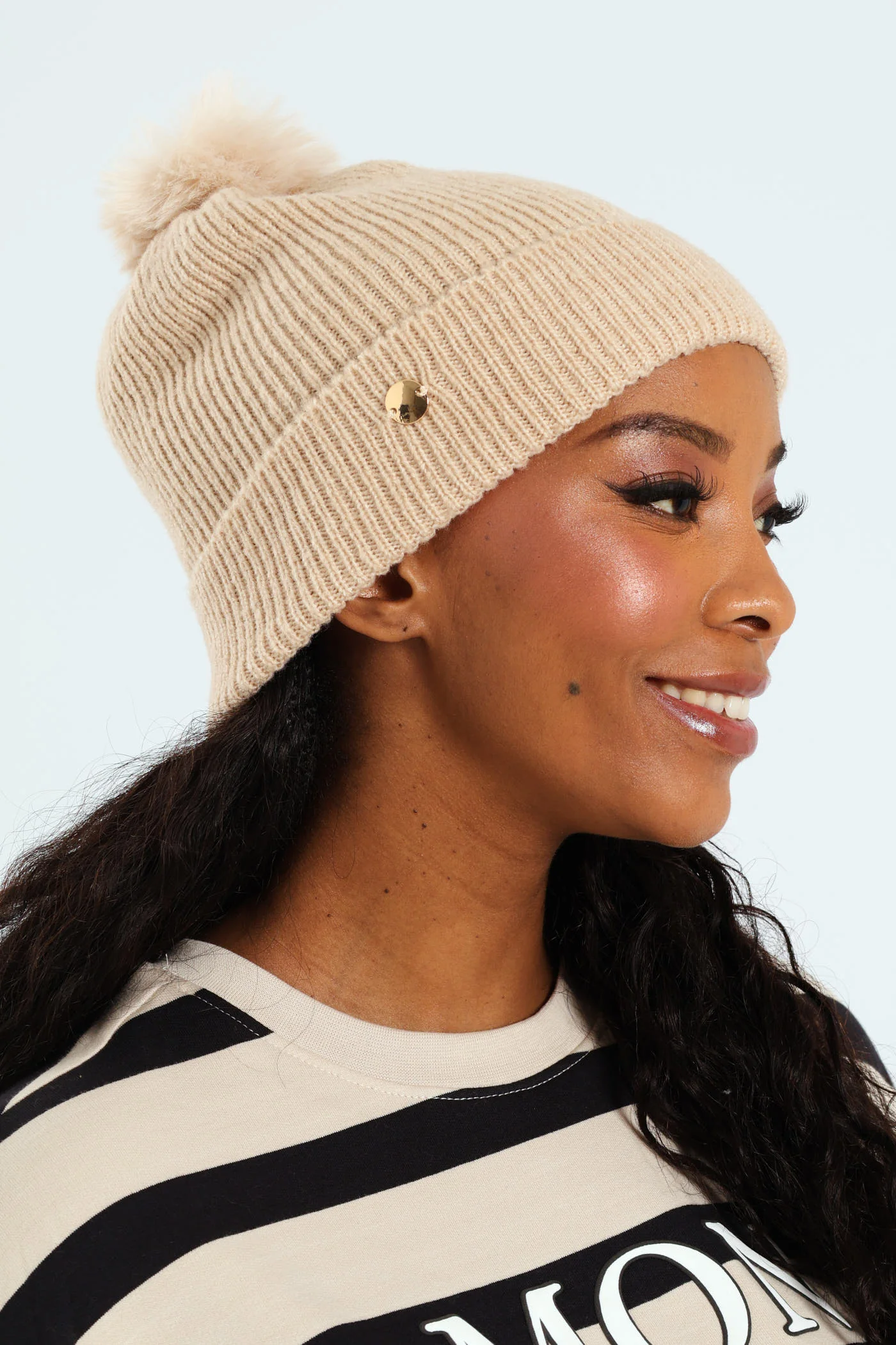 Knitted Turn Up Pom Pom Beanie - Oatmeal - Image 3
