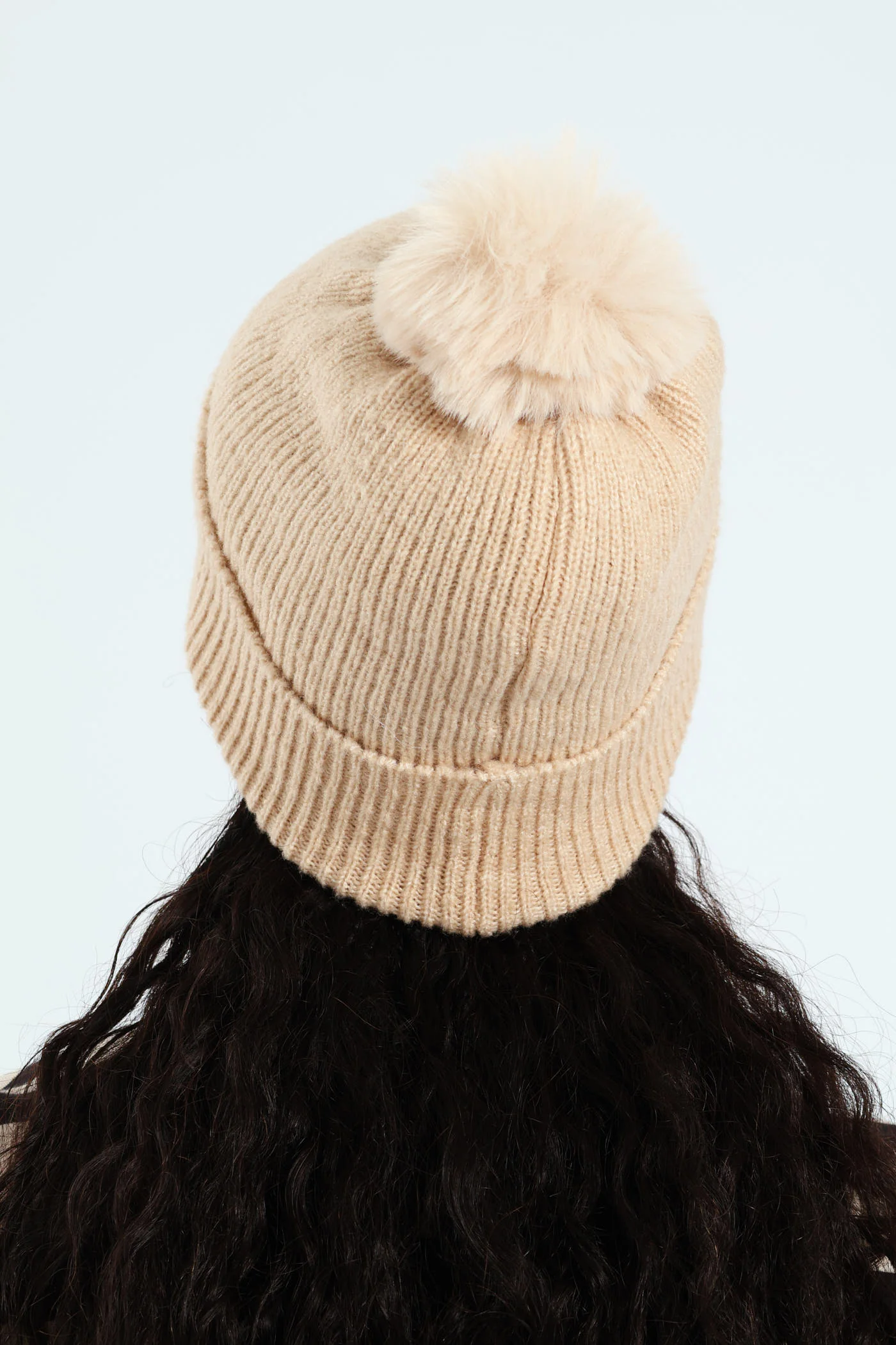 Knitted Turn Up Pom Pom Beanie - Oatmeal - Image 4