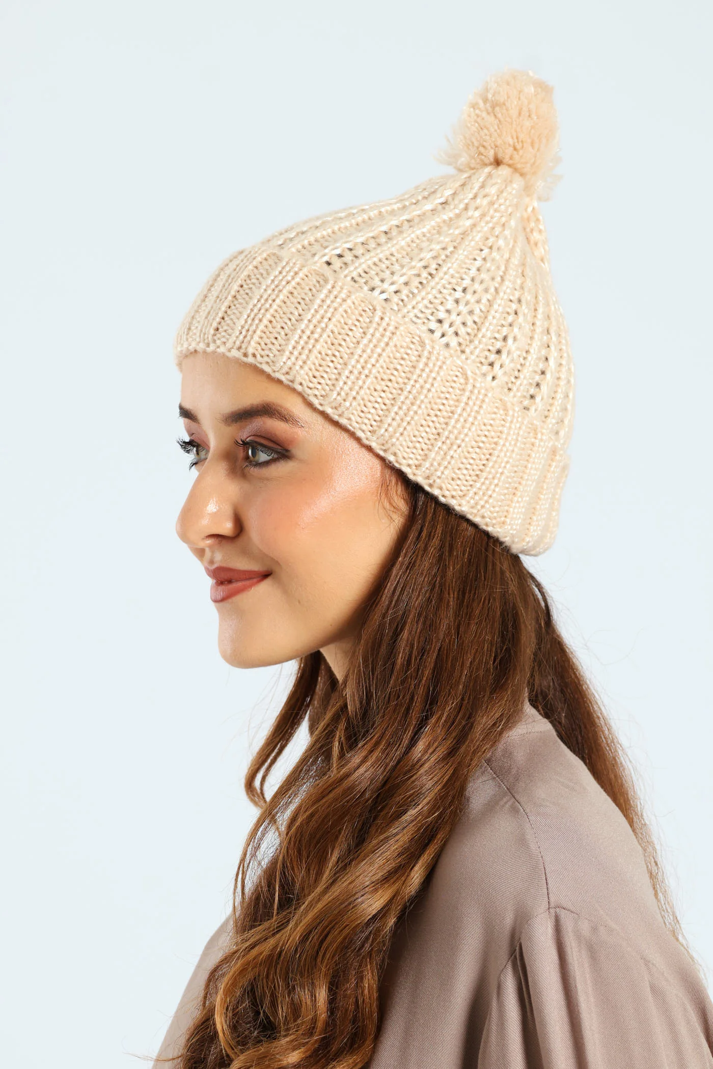 Knitted Turn Up Yarn Pompom Beanie - Cream - Image 2