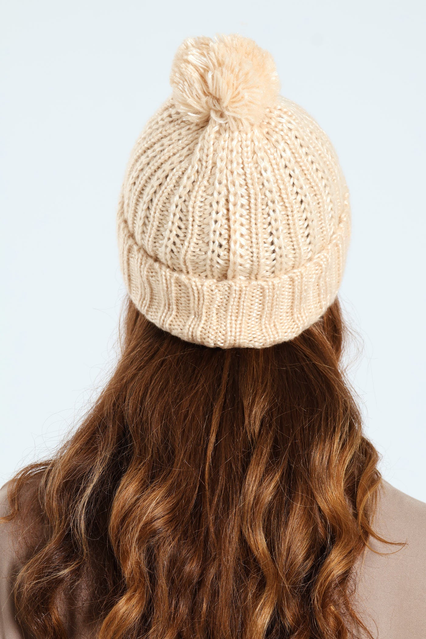 Knitted Turn Up Yarn Pompom Beanie - Cream - Image 3
