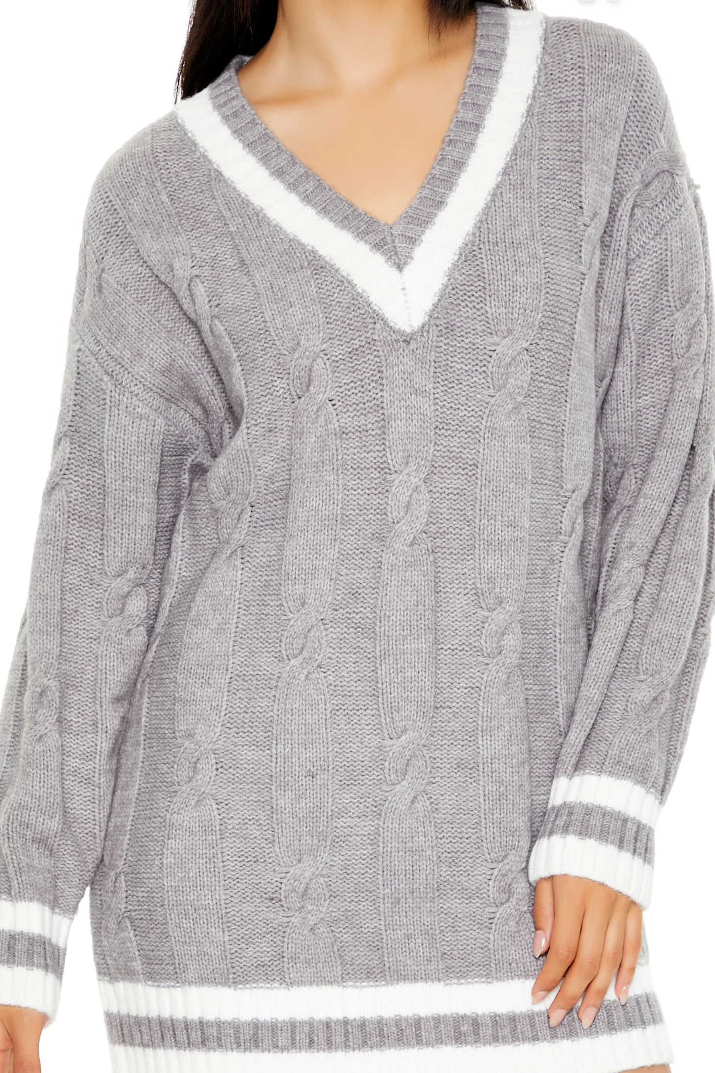 Cable Knit Sweater Dress - Grey/White - Image 3