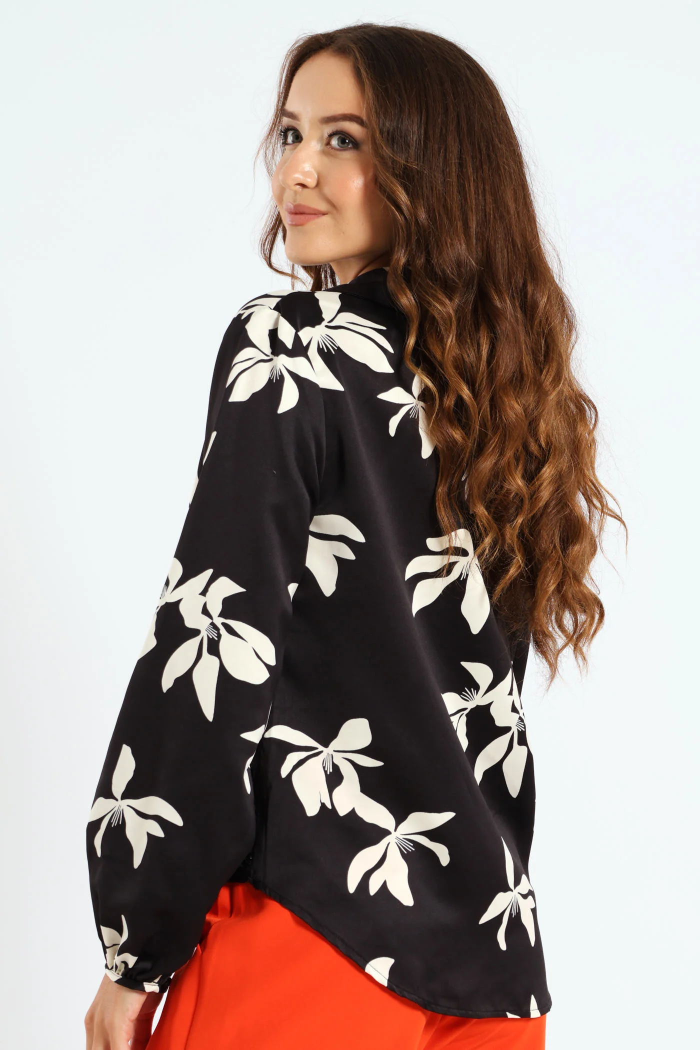 Knot Detail Satin Shirt - Black/Cream - Image 2