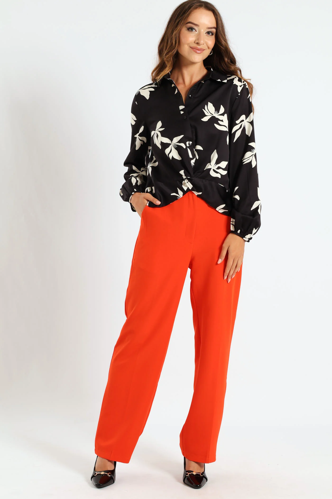 Knot Detail Satin Shirt - Black/Cream - Image 4