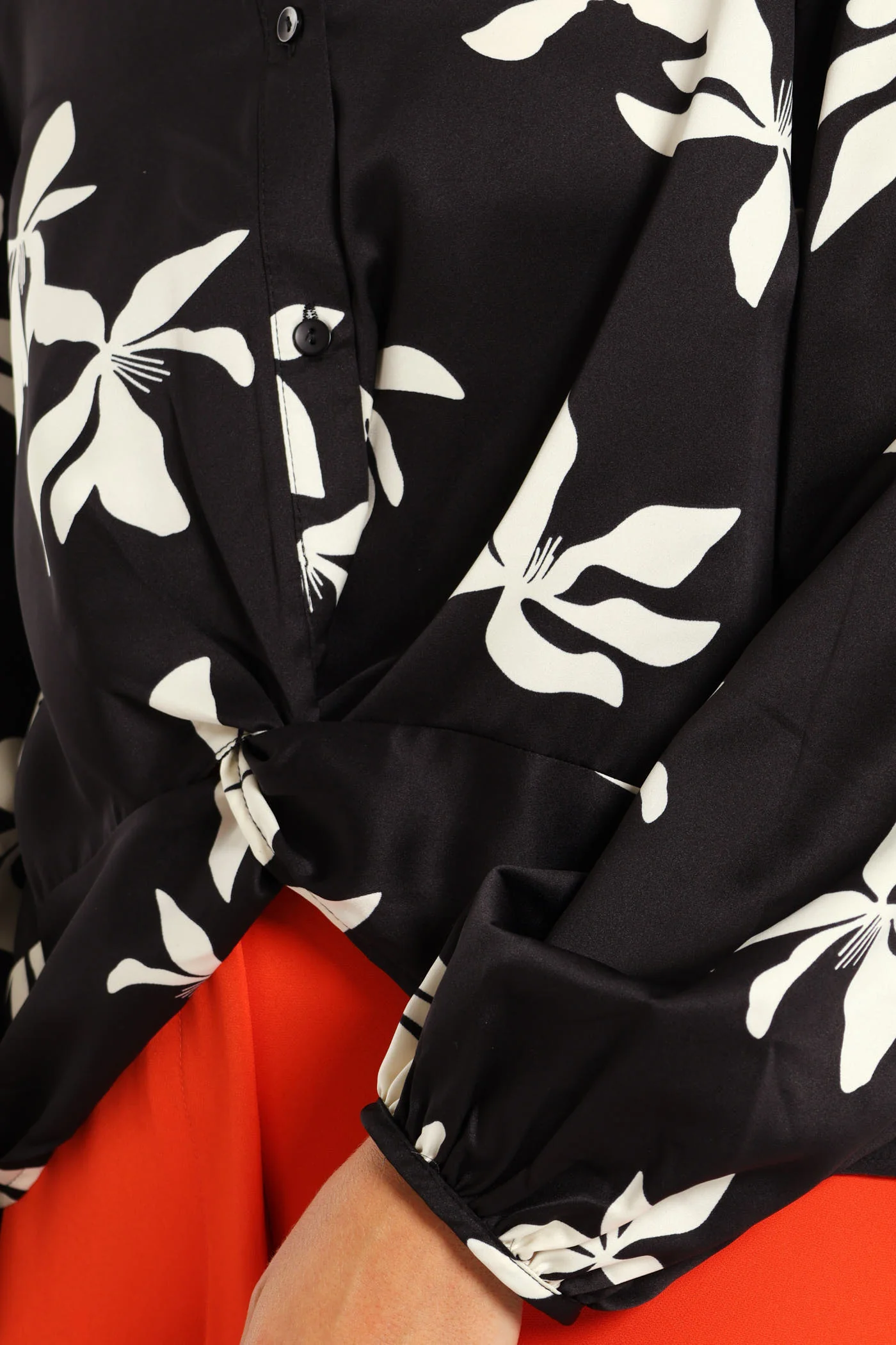 Knot Detail Satin Shirt - Black/Cream - Image 5