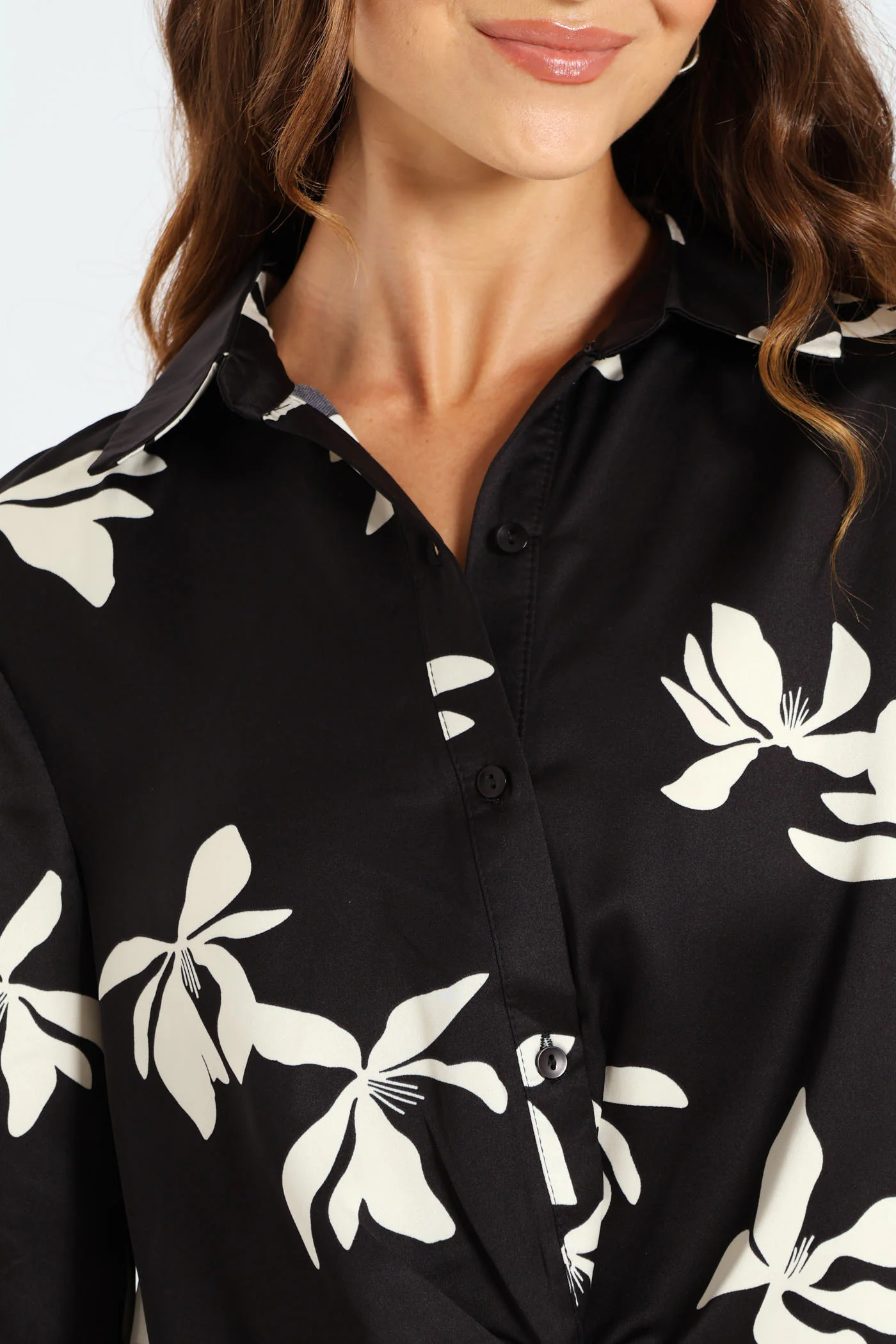 Knot Detail Satin Shirt - Black/Cream - Image 6