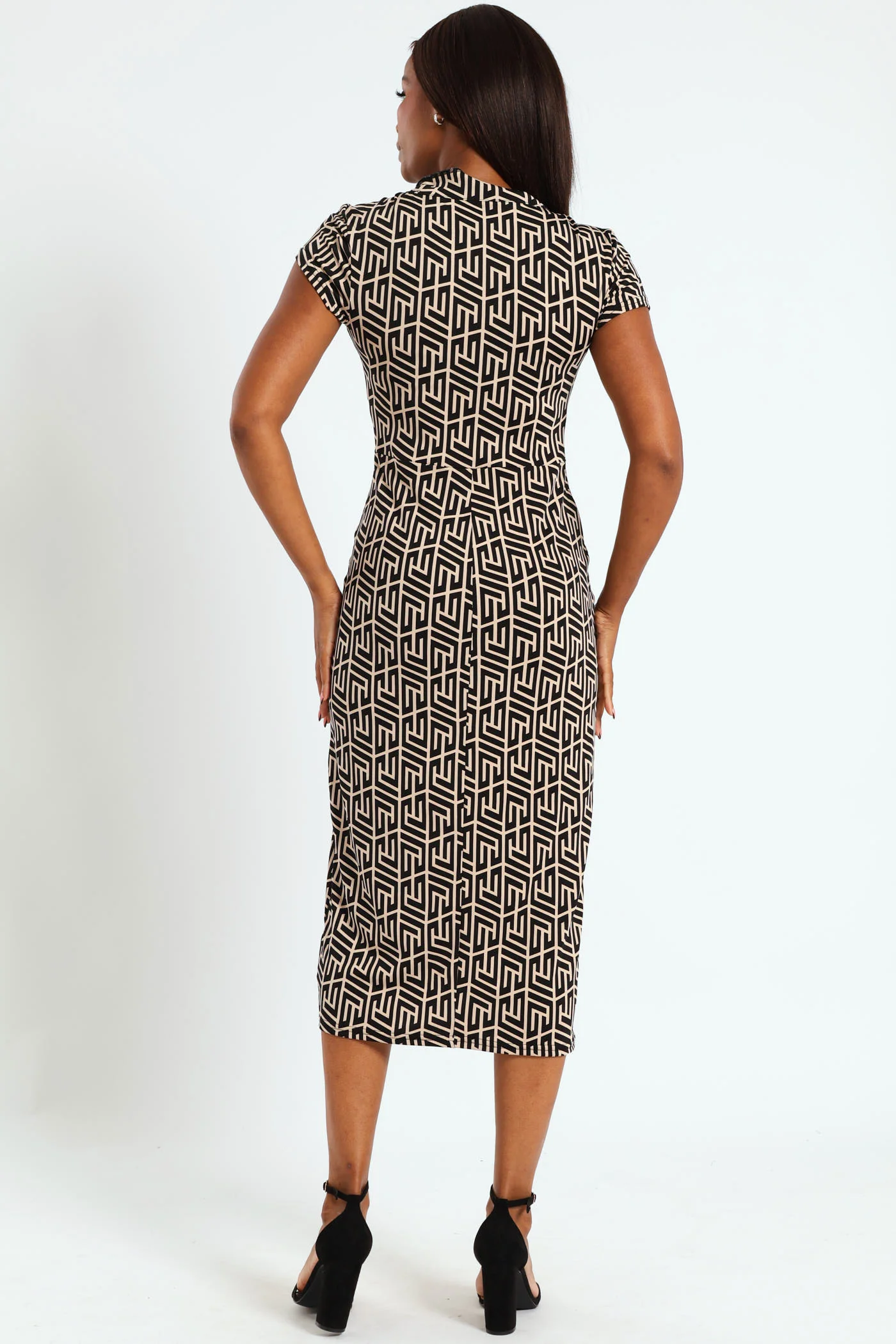 Knot Detail Slinky Midi Dress - Black/Beige - Image 3