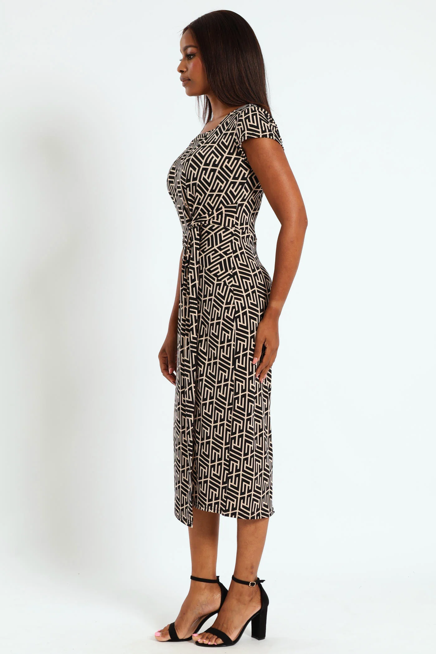 Knot Detail Slinky Midi Dress - Black/Beige - Image 4