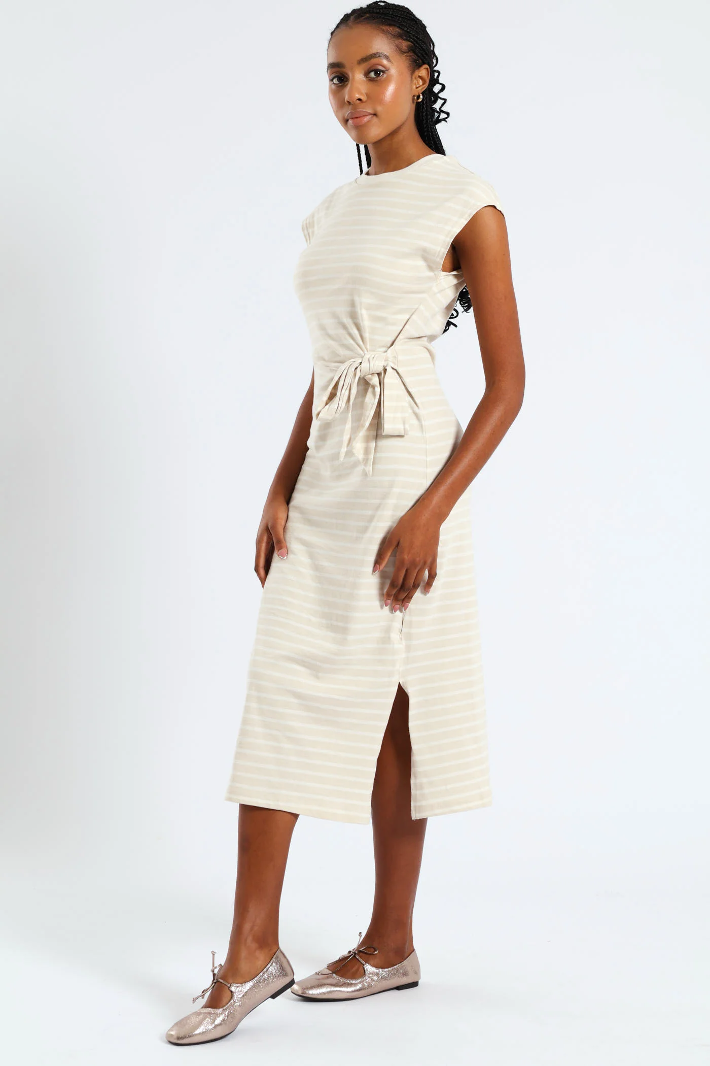 Knot Front Side Slit Midi T-Shirt Dress - Beige/Cream - Image 2