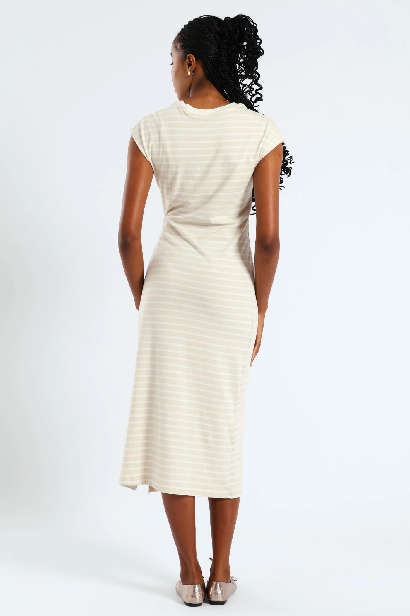 Knot Front Side Slit Midi T-Shirt Dress - Beige/Cream - Image 3
