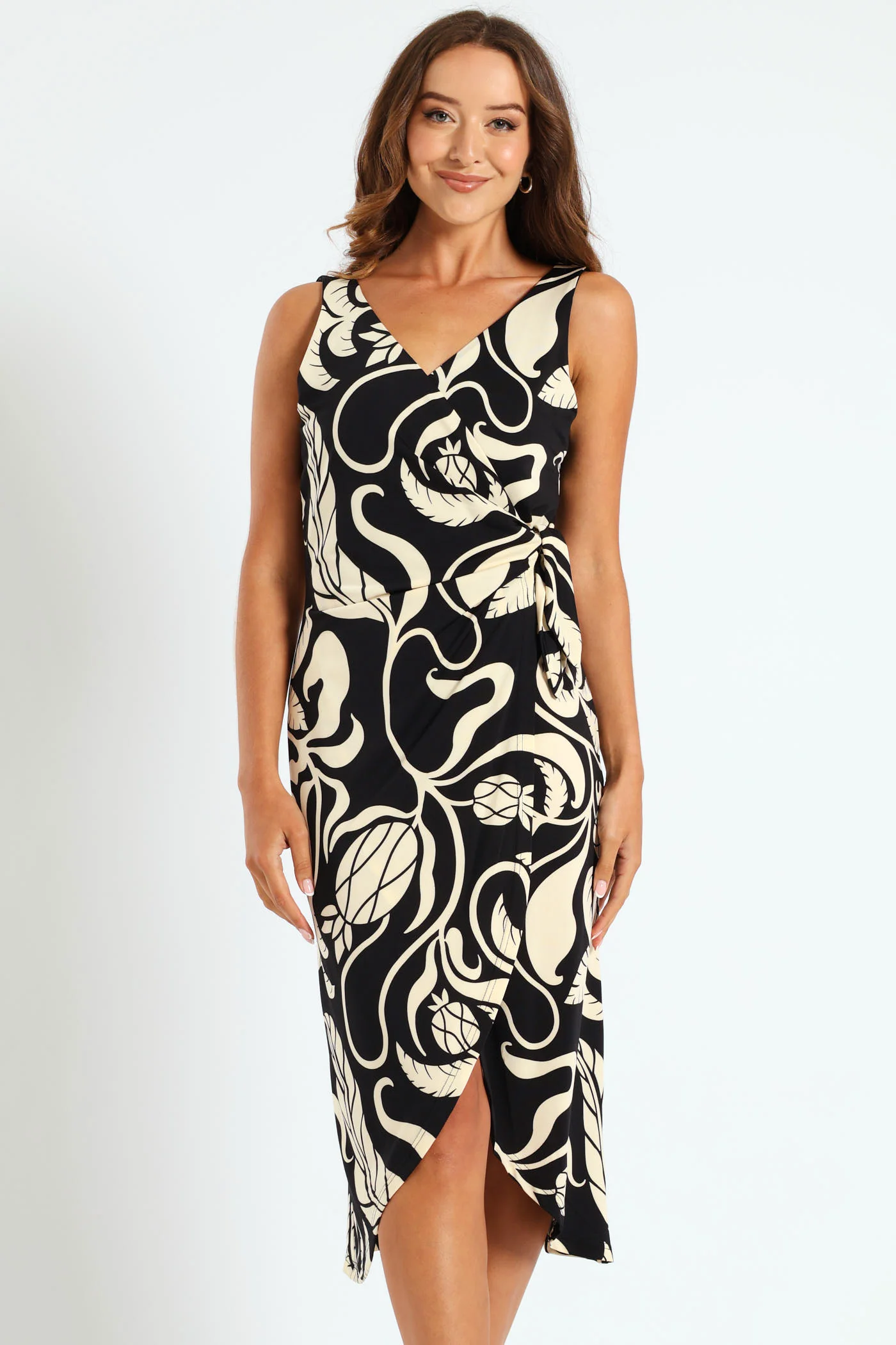 Knot Slinky Midi Dress - Black/Cream - Image 4