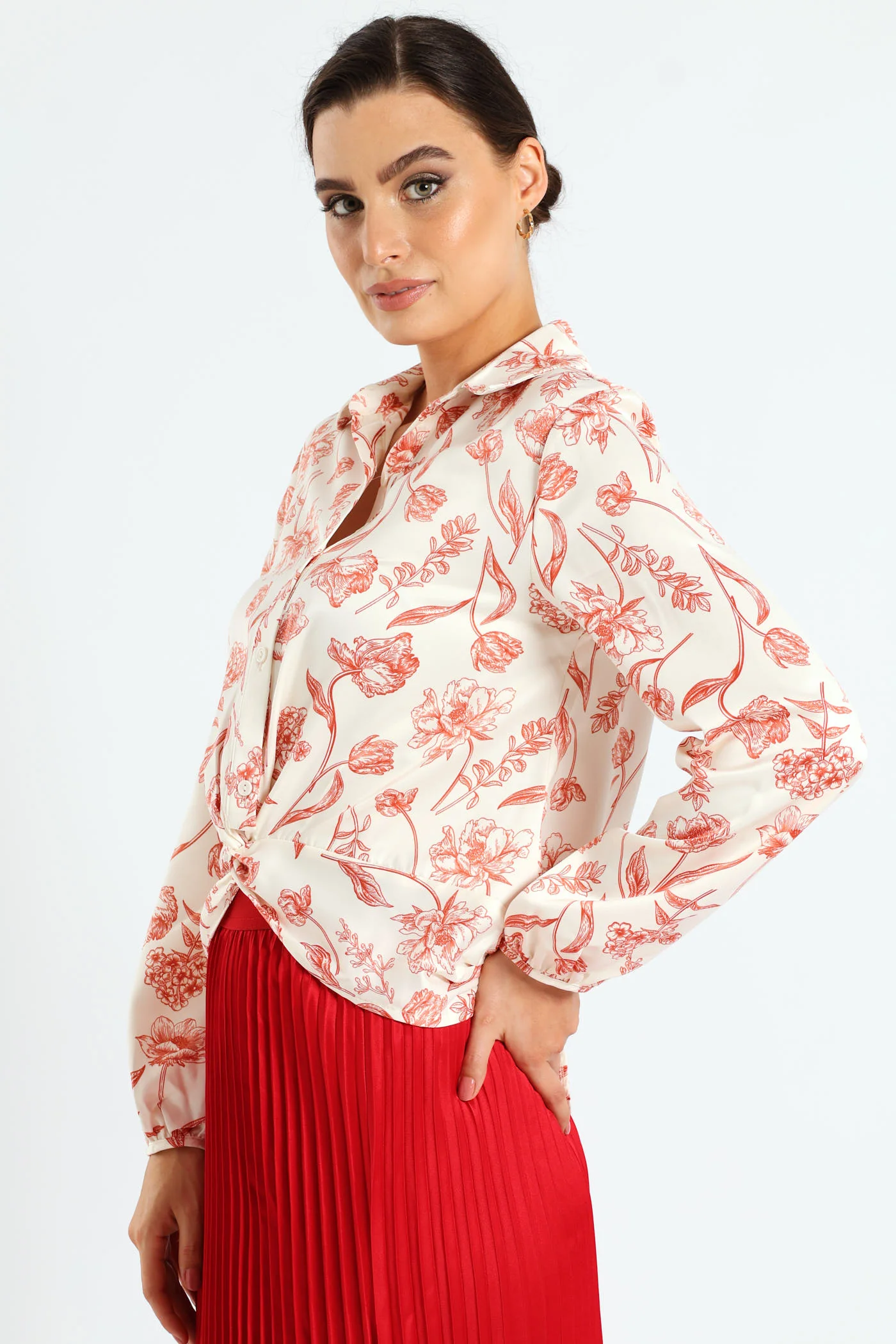 Knot Tonal Floral Satin Shirt - Cream - Image 2