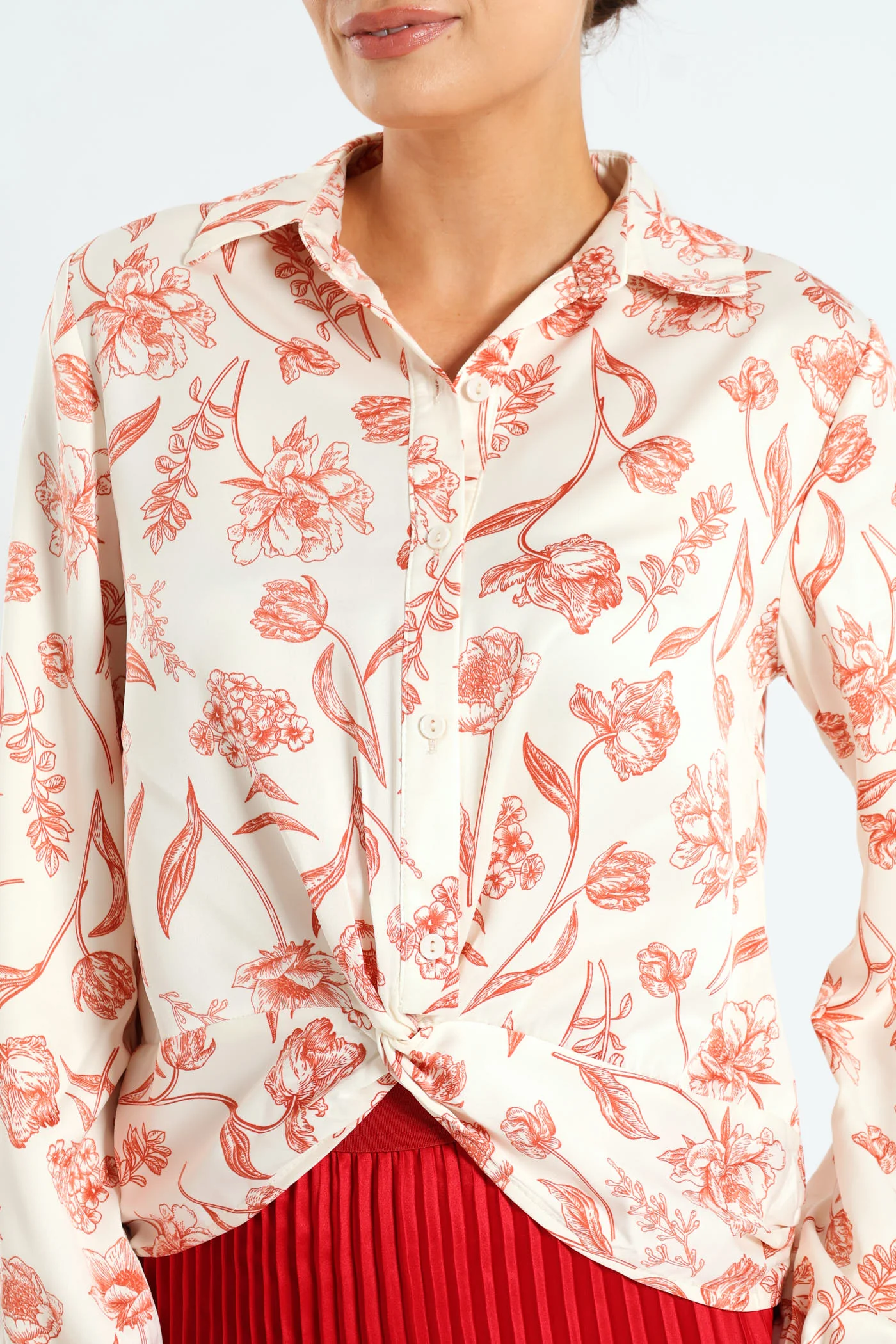 Knot Tonal Floral Satin Shirt - Cream - Image 4