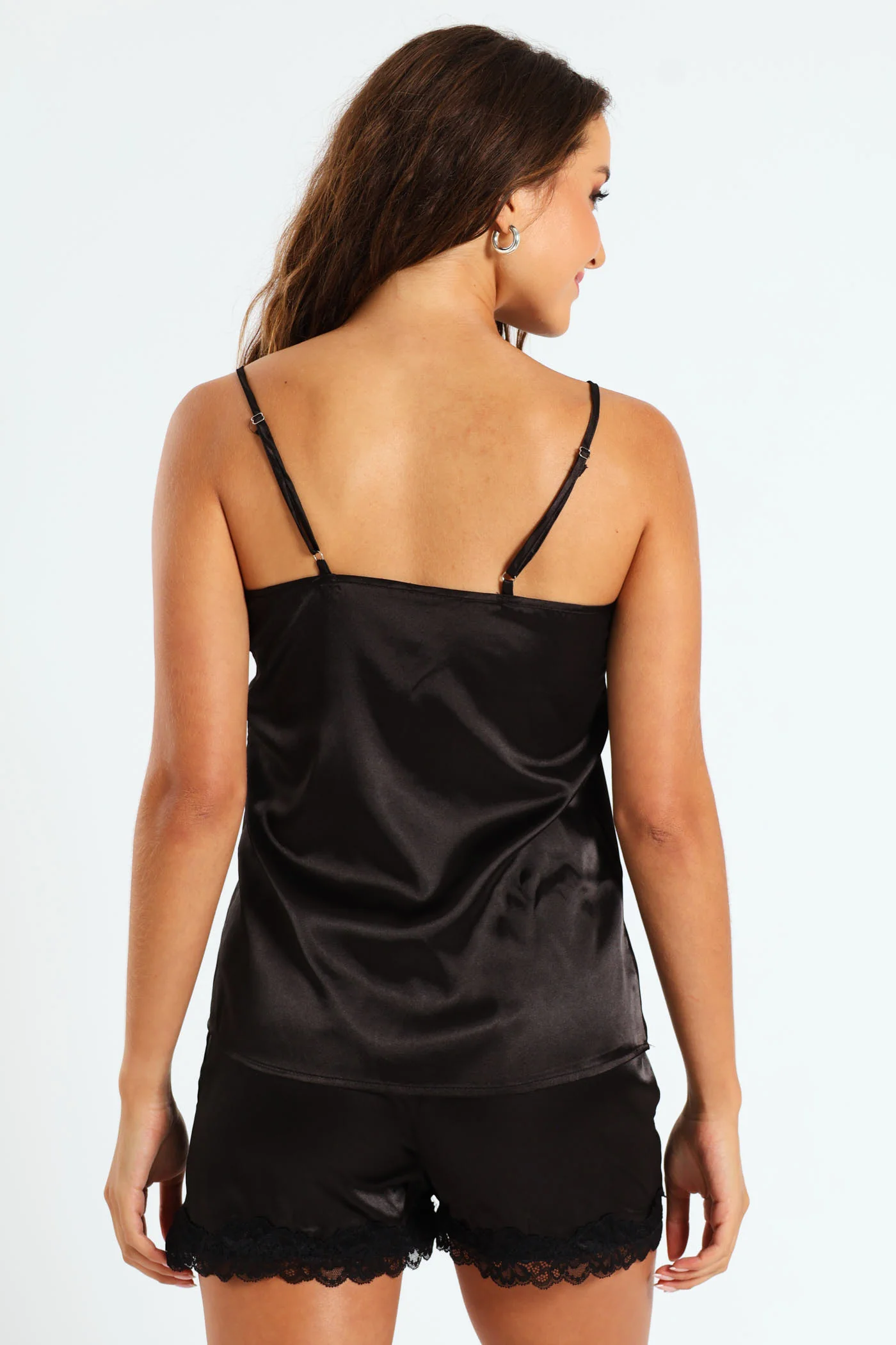 Lace Cami & Satin Short Set - Black - Image 3