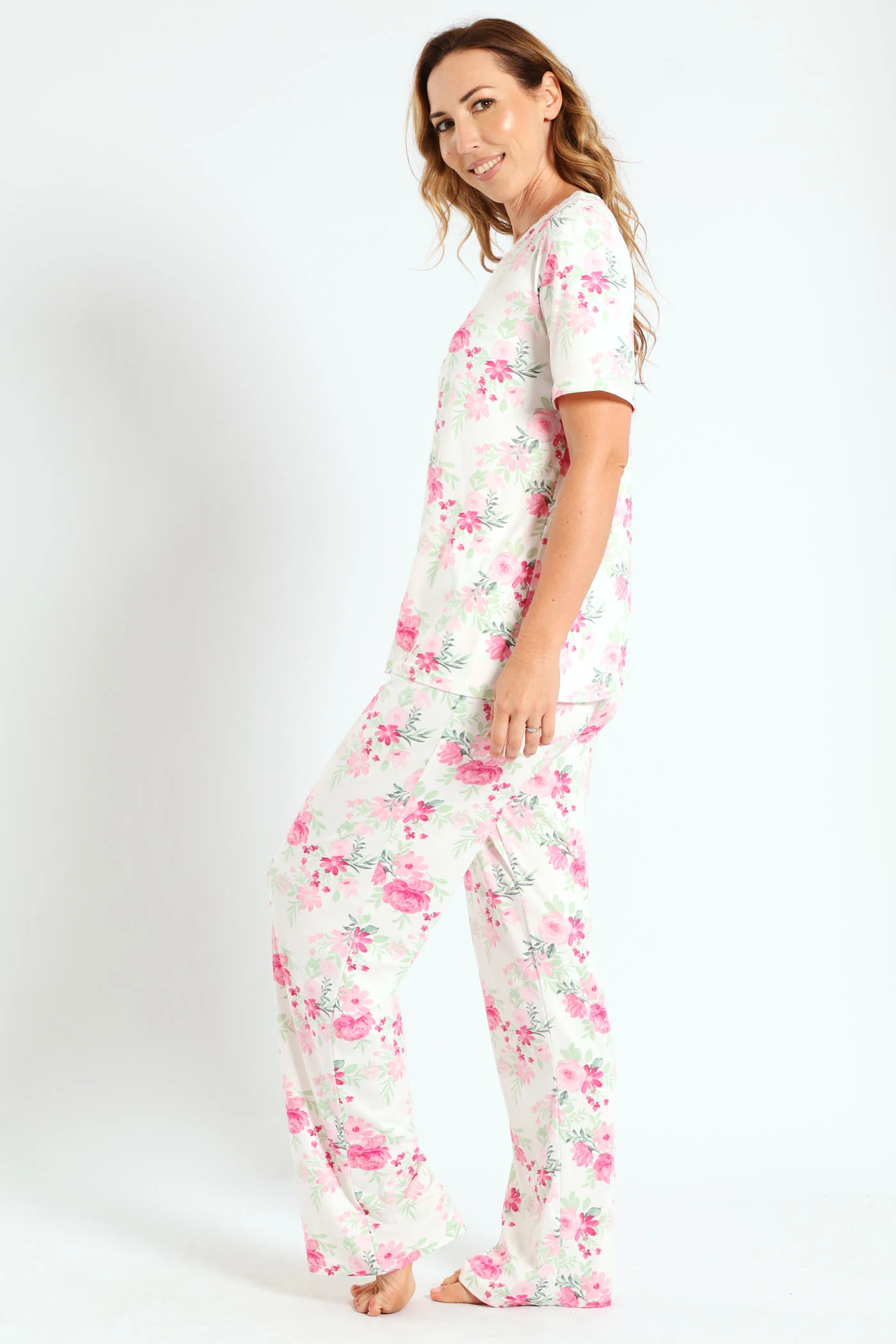 Lace Detail Floral Print Top & Pant Set - White - Image 2