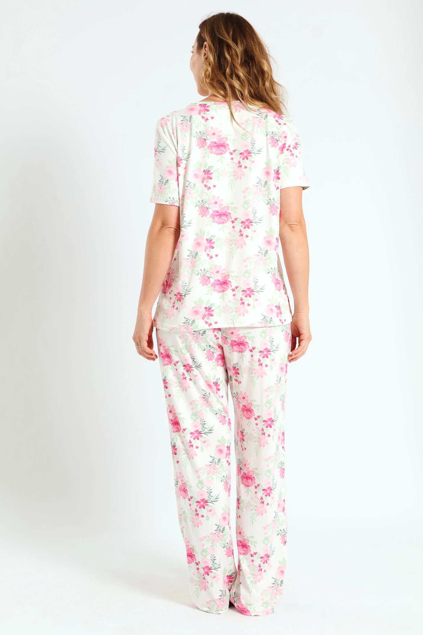 Lace Detail Floral Print Top & Pant Set - White - Image 3