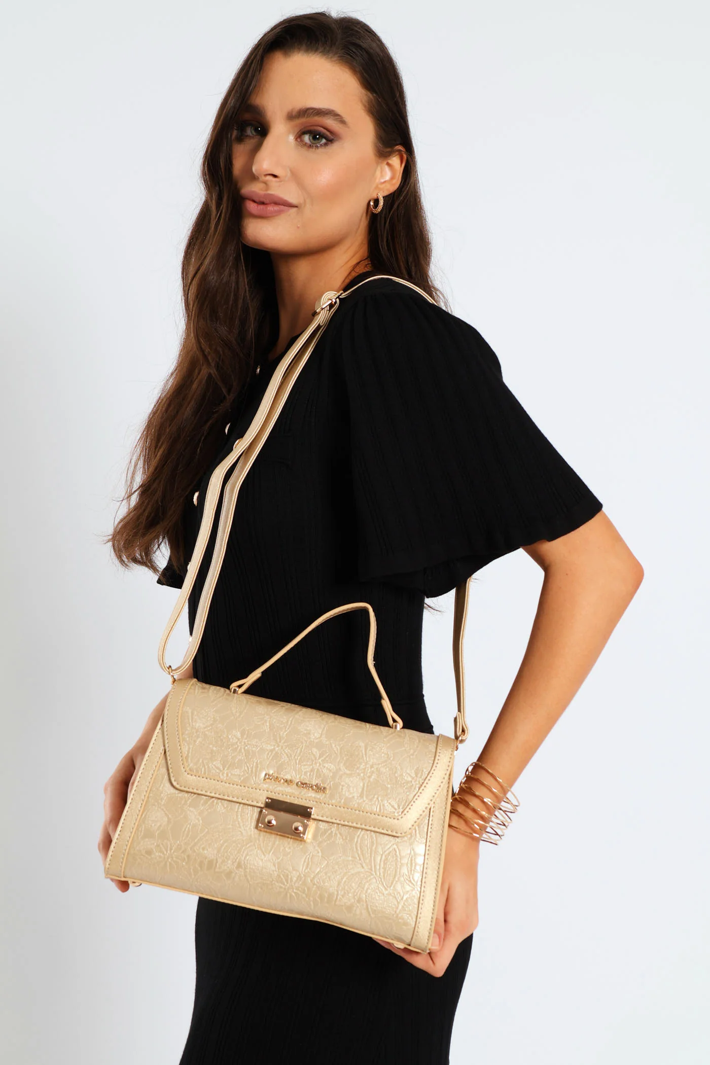Lace Flower Satchel Bag - Gold - Image 2