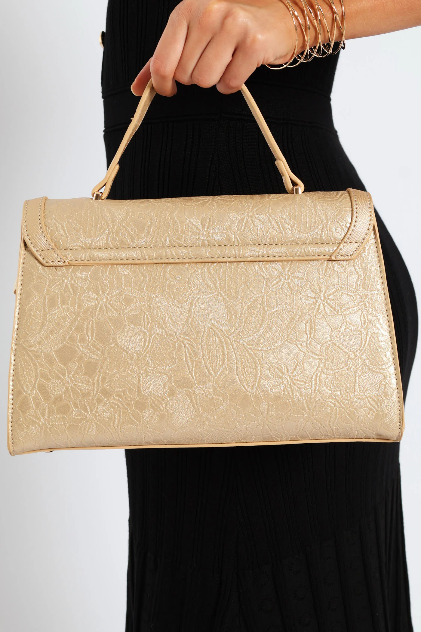 Lace Flower Satchel Bag - Gold - Image 3