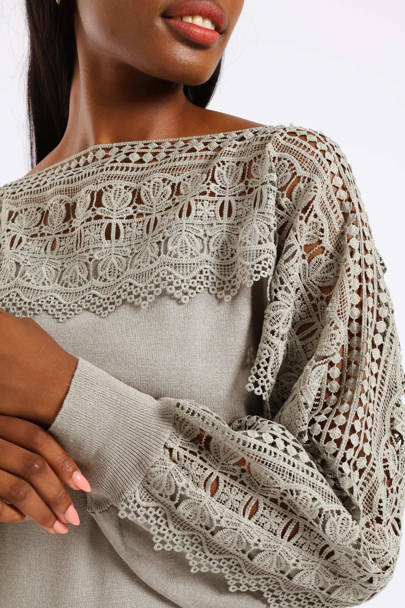 Lace Knitwear Combo Top - Sage - Image 4