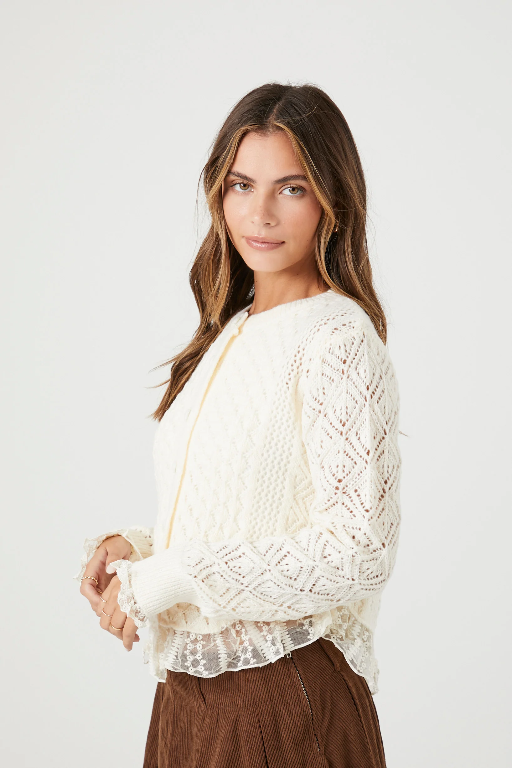 Lace Trim Cardigan Sweater - Cream - Image 3