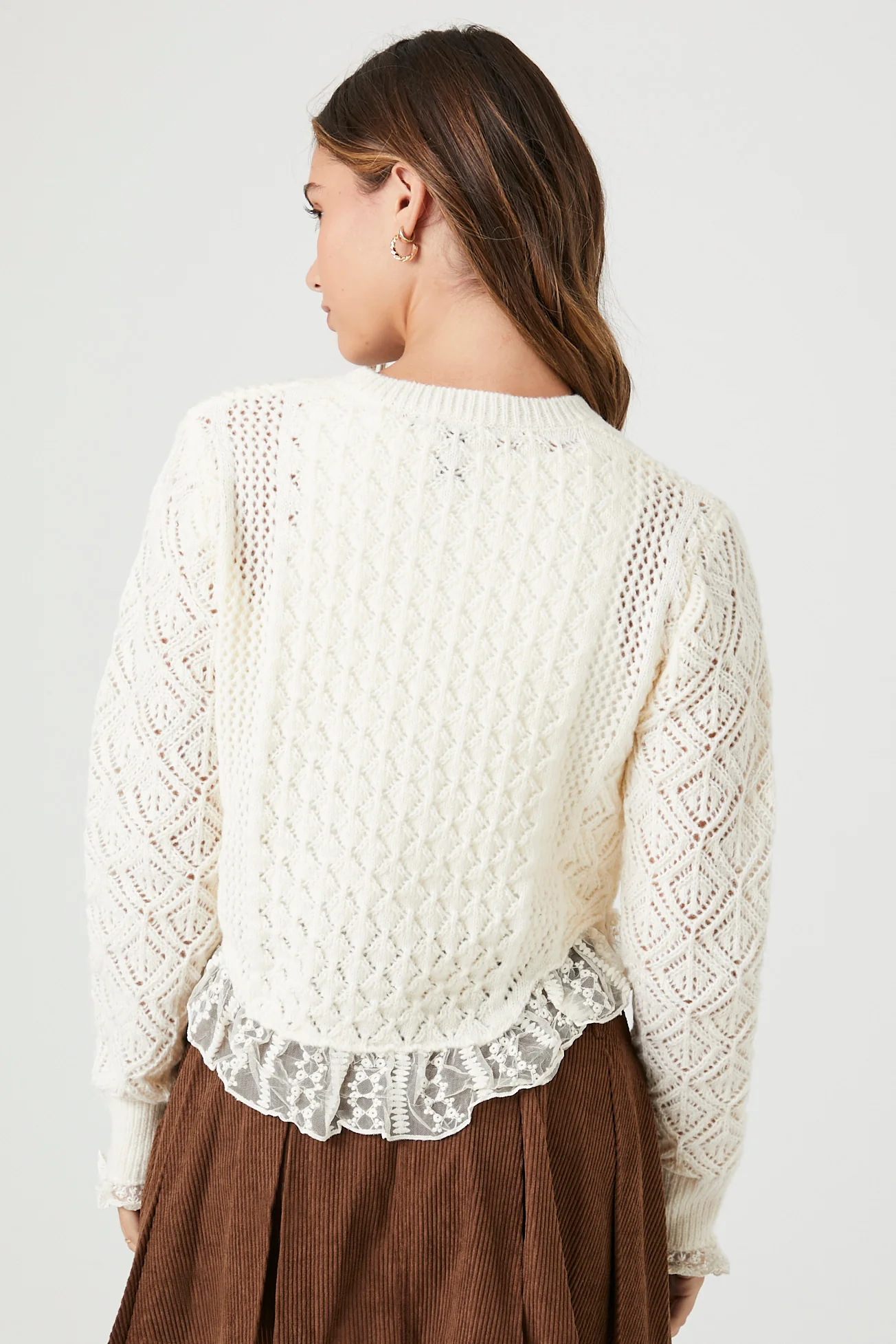 Lace Trim Cardigan Sweater - Cream - Image 4
