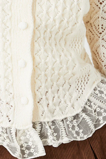 Lace Trim Cardigan Sweater - Cream - Image 5