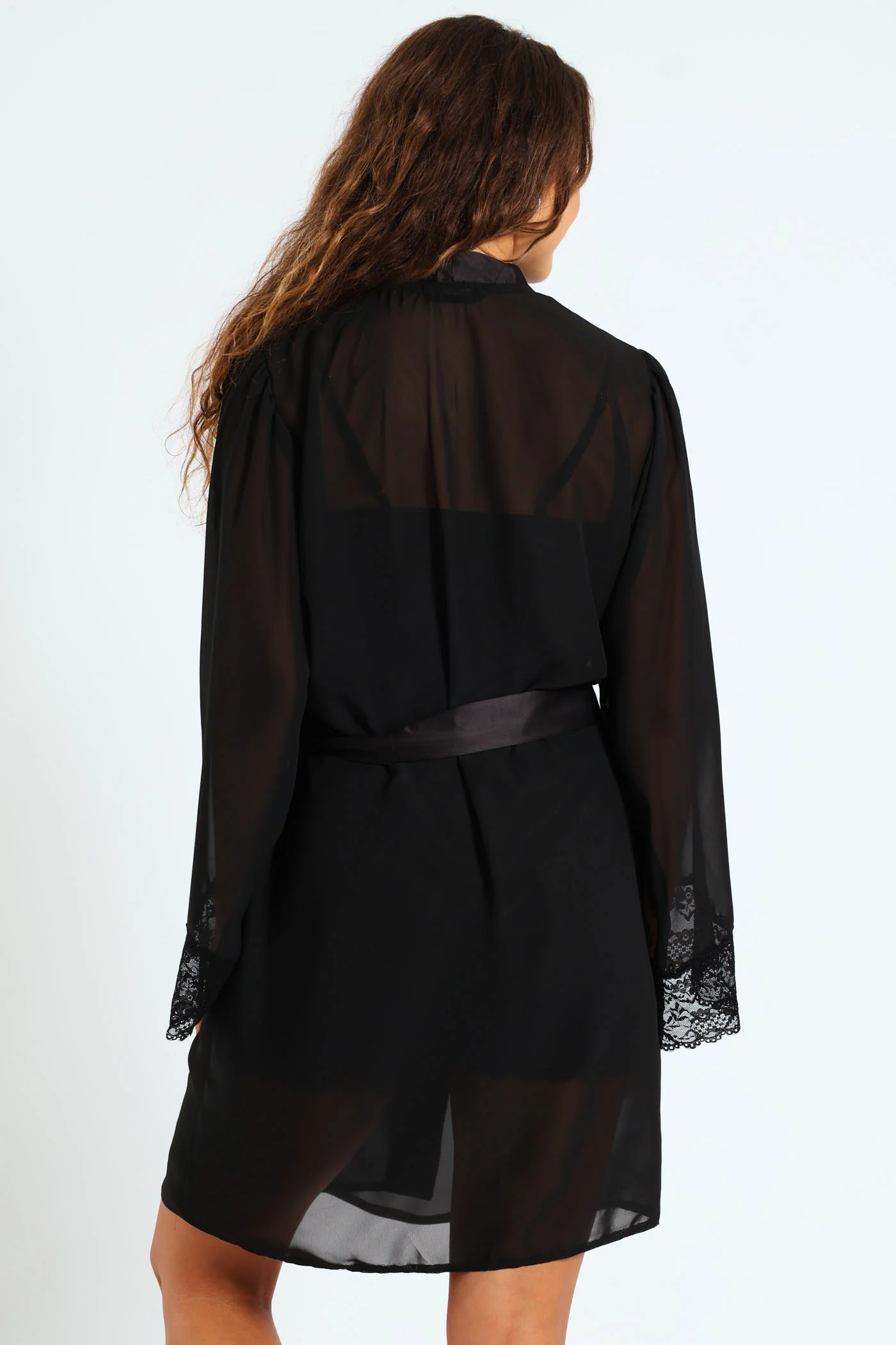 Lace Trim Chiffon Gown - Black - Image 3