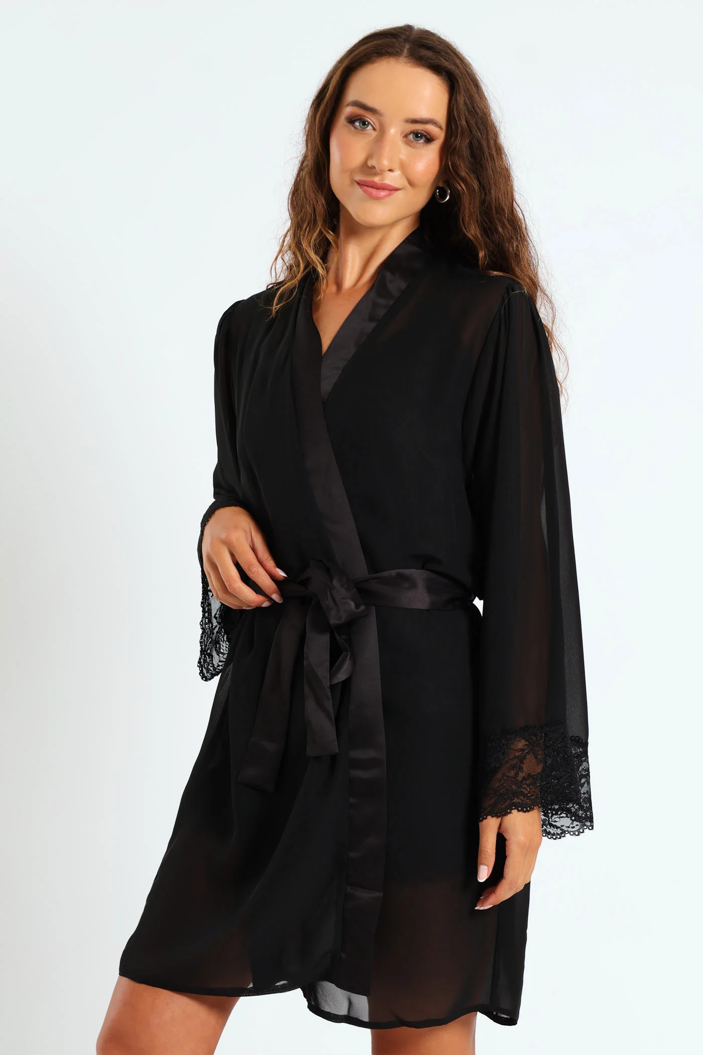 Lace Trim Chiffon Gown - Black - Image 4
