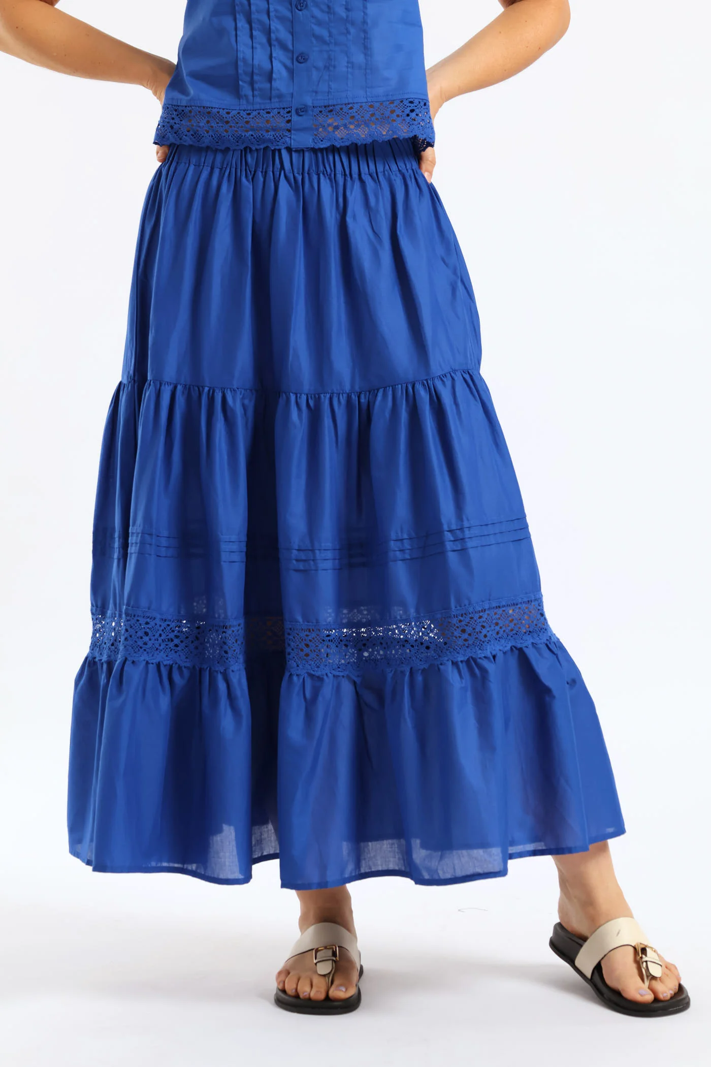 Lace Trim Pull On Tiered Flare Skirt - Mid Blue - Image 2