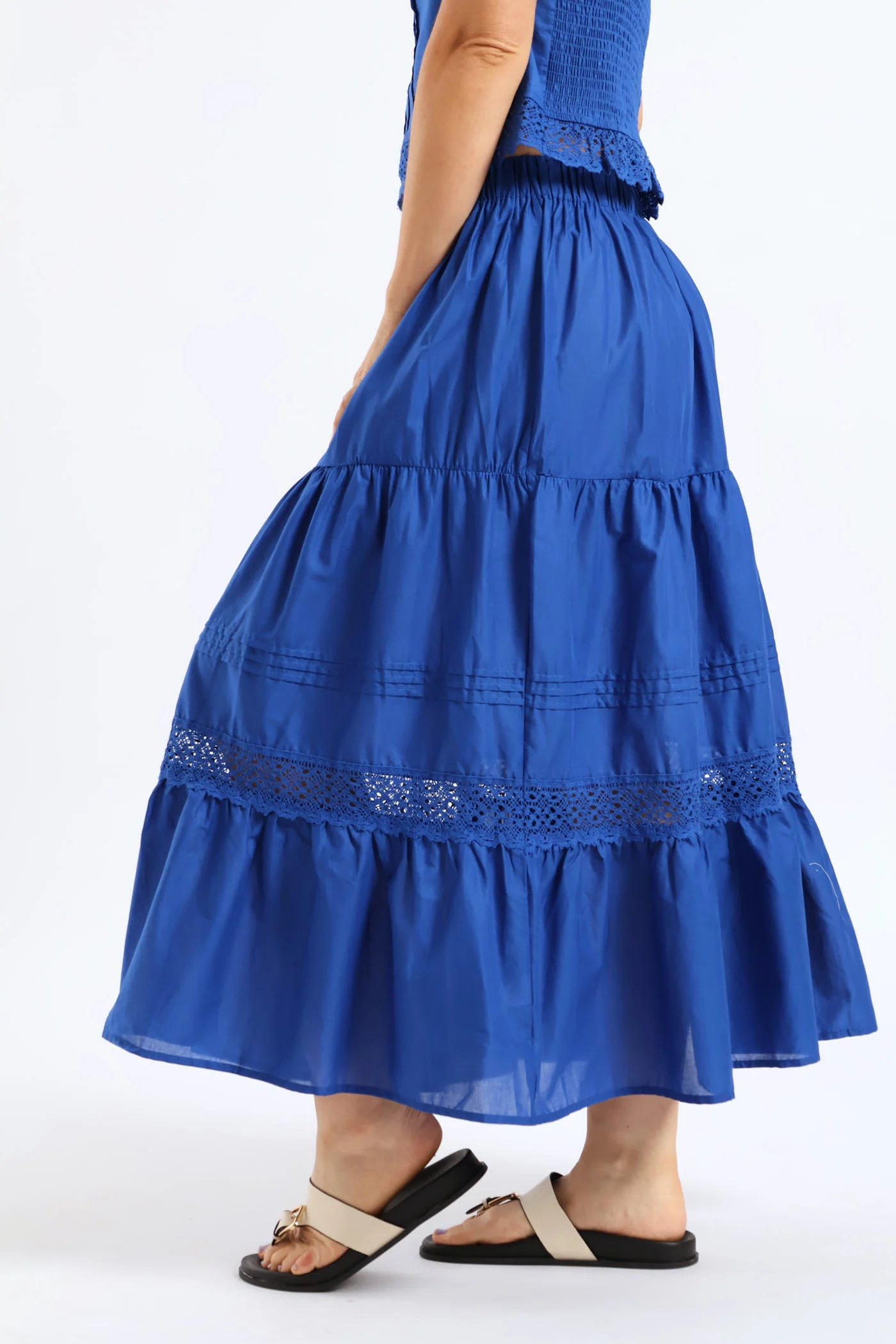 Lace Trim Pull On Tiered Flare Skirt - Mid Blue - Image 3