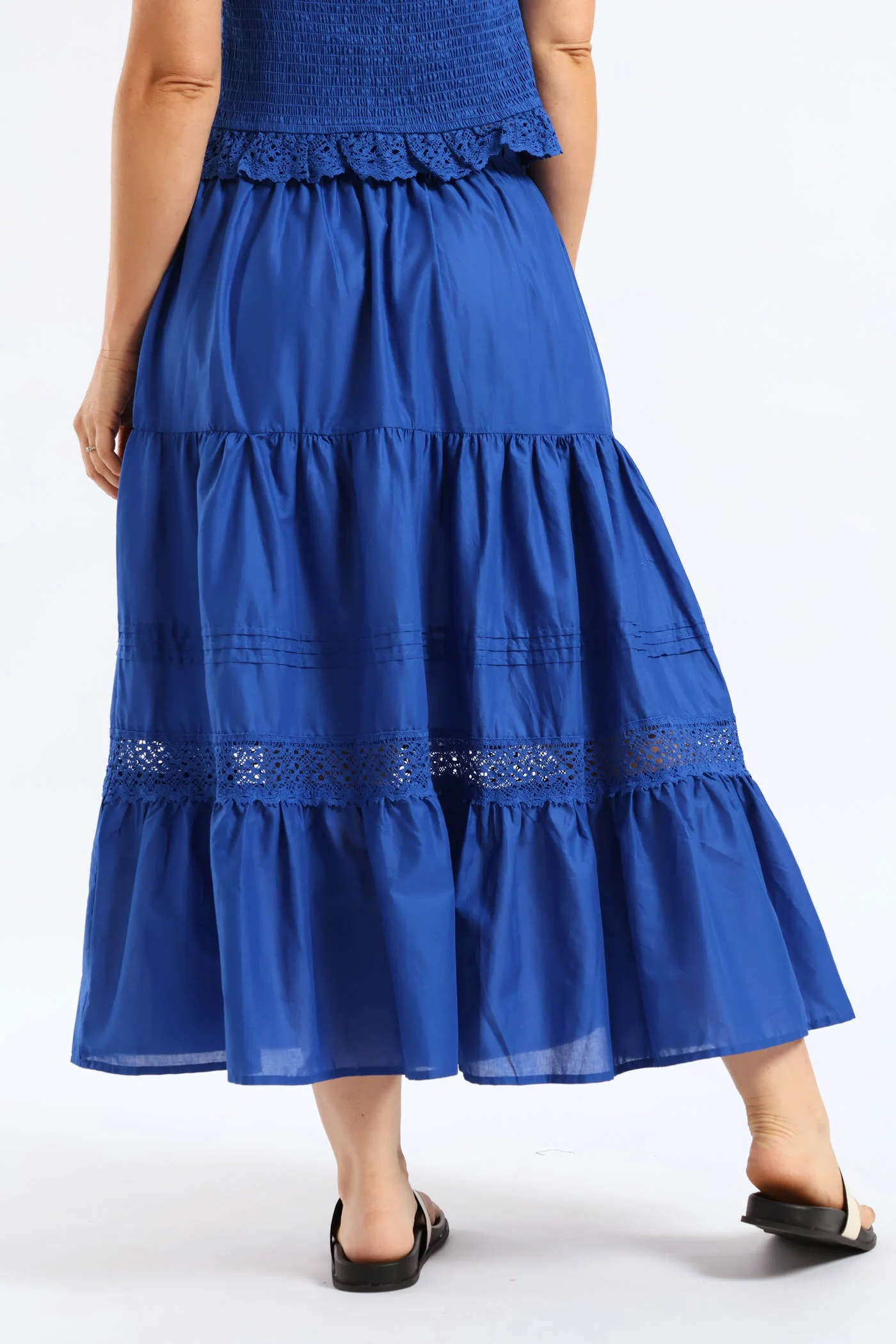 Lace Trim Pull On Tiered Flare Skirt - Mid Blue - Image 4