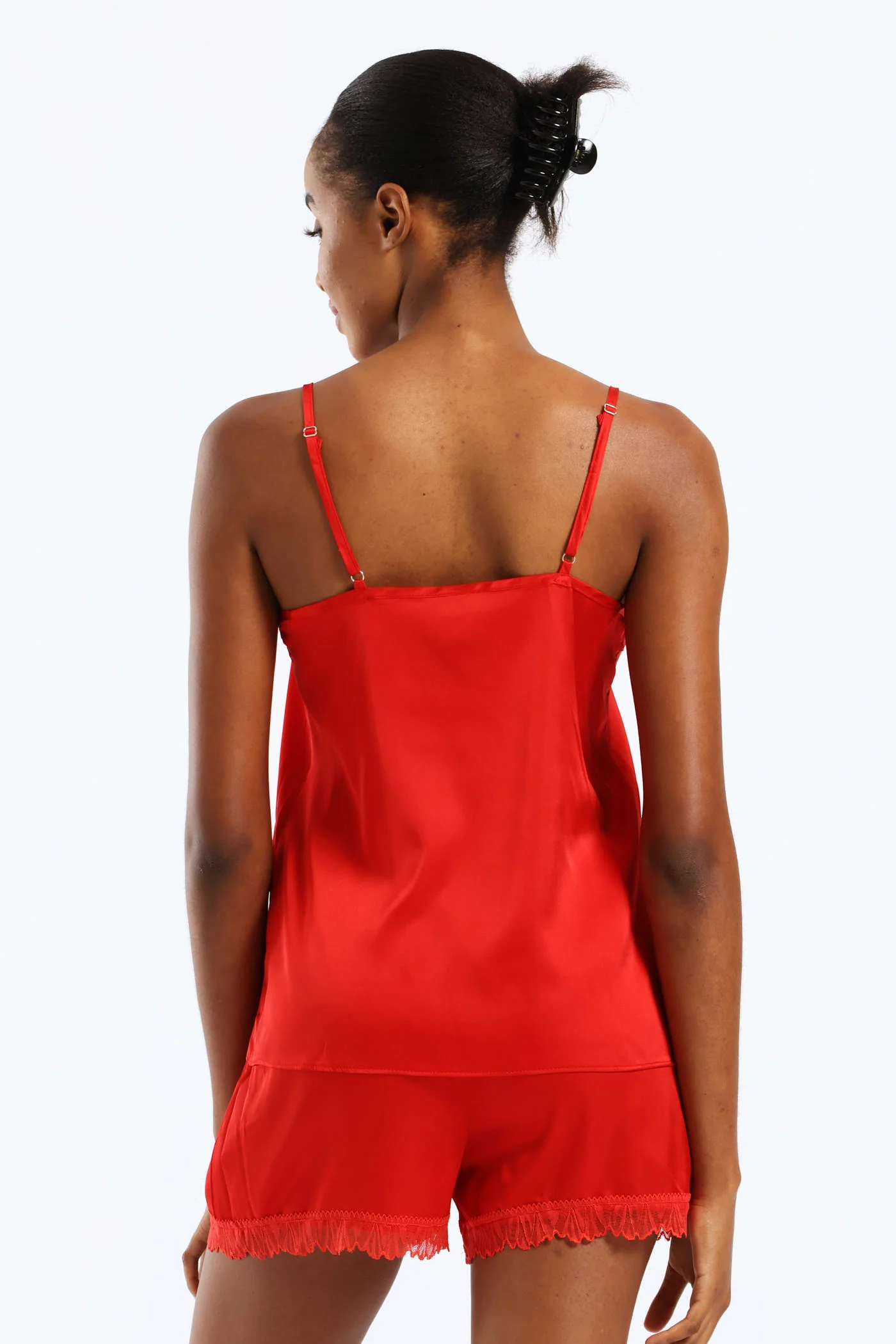 Lace Trim Satin Cami & Short Set - Red - Image 2
