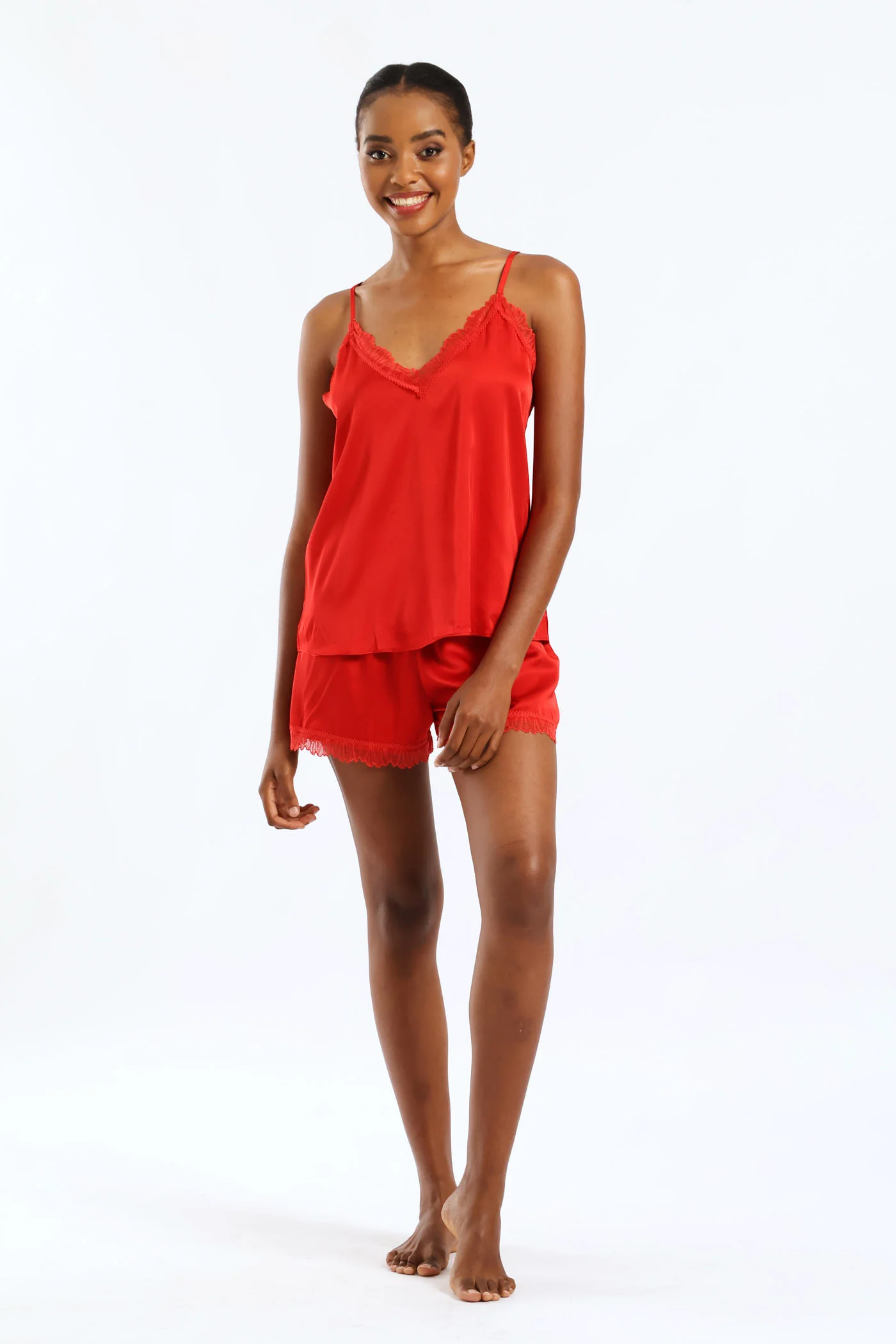 Lace Trim Satin Cami & Short Set - Red - Image 3