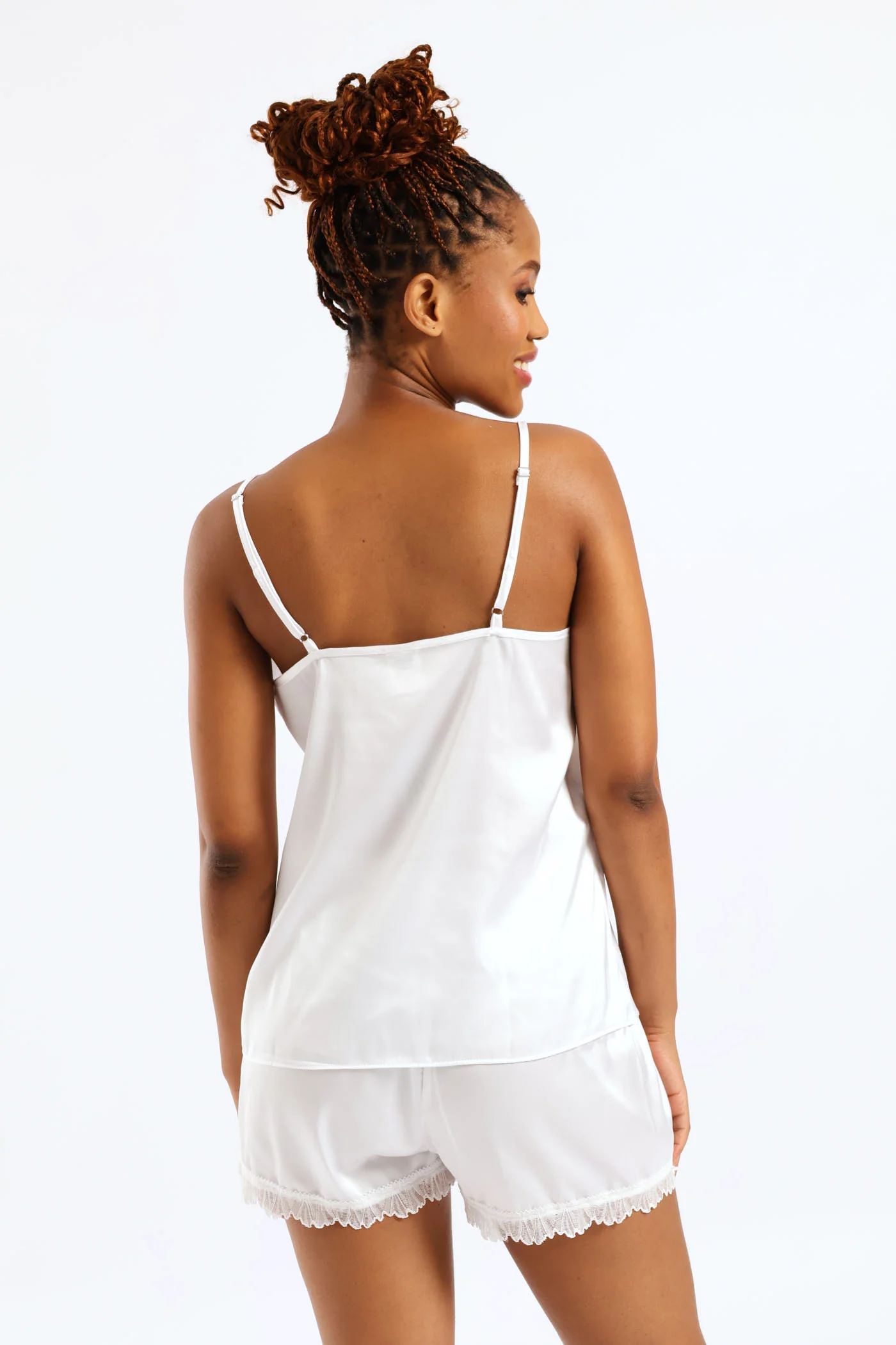 Lace Trim Satin Cami & Short Set - White - Image 4