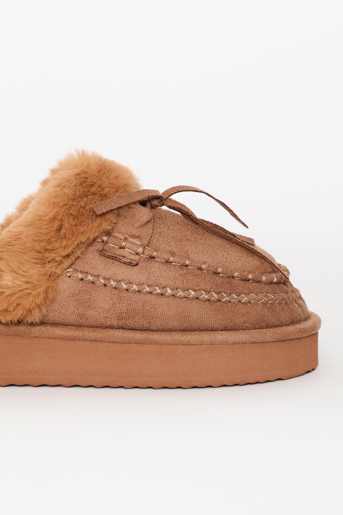 Lace Up Detail Flatform Fur Slipper - Taupe - Image 2
