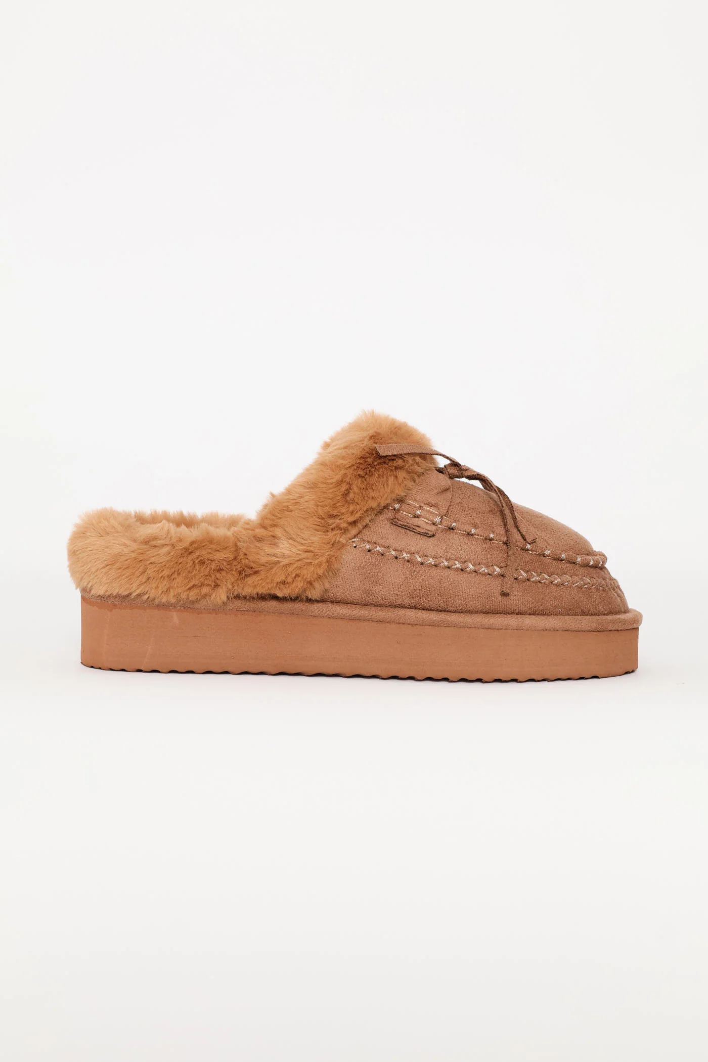 Lace Up Detail Flatform Fur Slipper - Taupe - Image 3