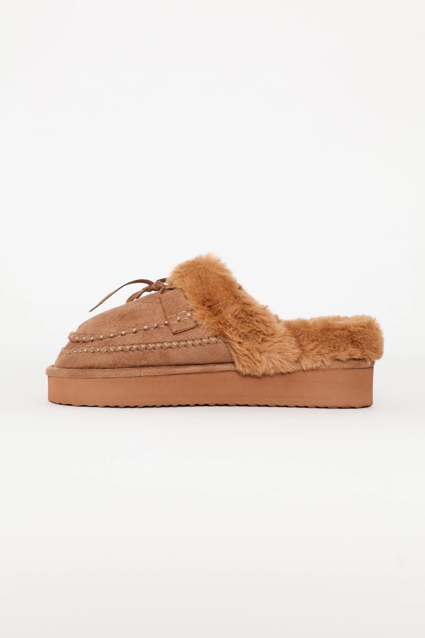 Lace Up Detail Flatform Fur Slipper - Taupe - Image 4